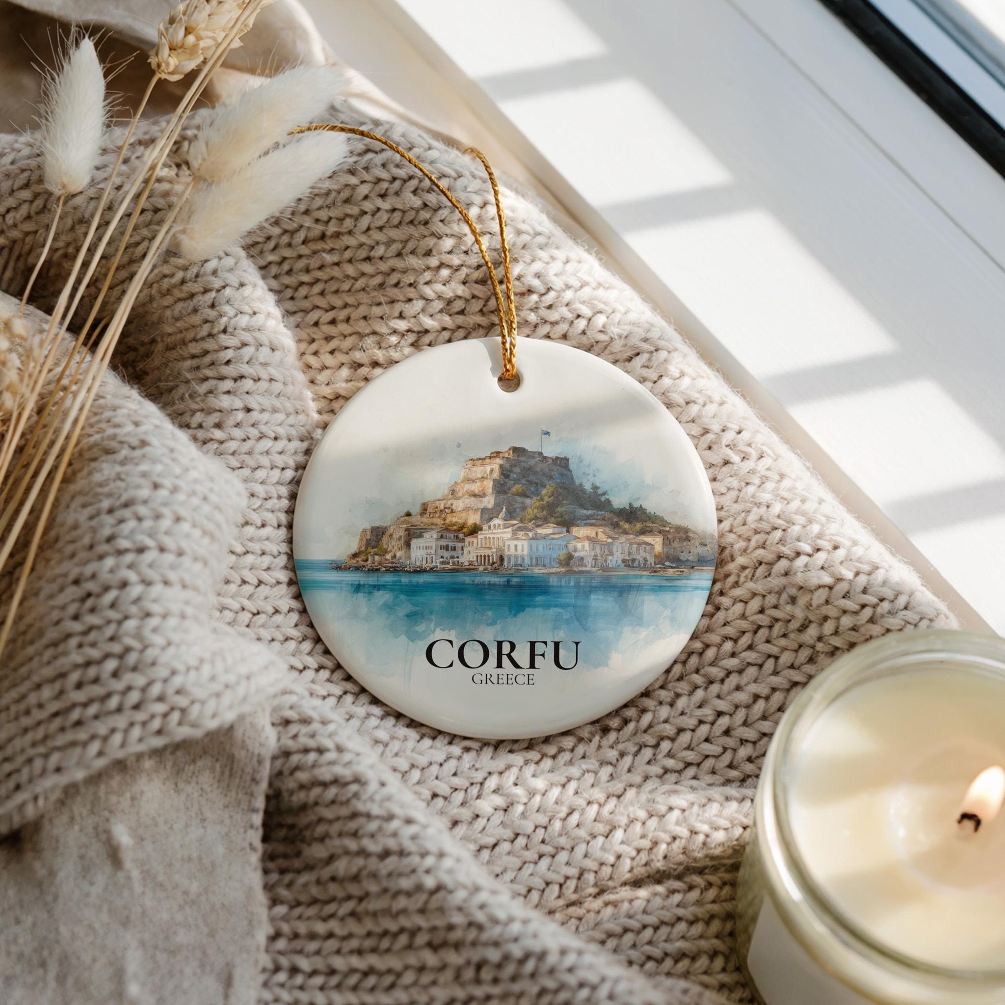Corfu Greece Personalized Watercolor Ornament, Custom Ceramic Christmas gift, Travel Keepsake - CuteBeePix