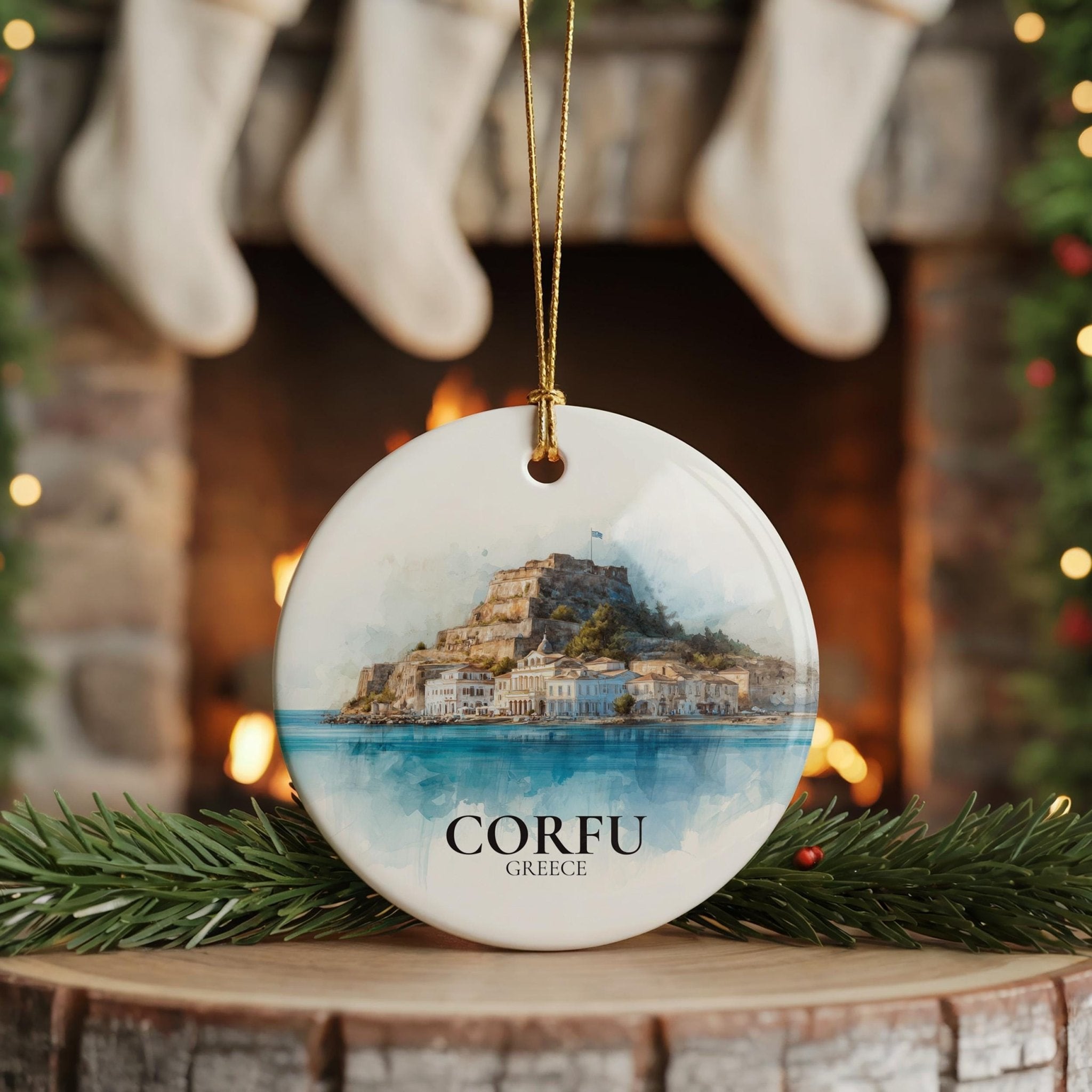 Corfu Greece Personalized Watercolor Ornament, Custom Ceramic Christmas gift, Travel Keepsake - CuteBeePix