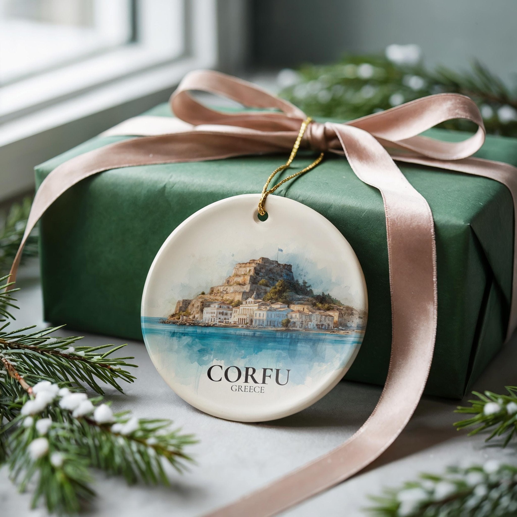 Corfu Greece Personalized Watercolor Ornament, Custom Ceramic Christmas gift, Travel Keepsake - CuteBeePix