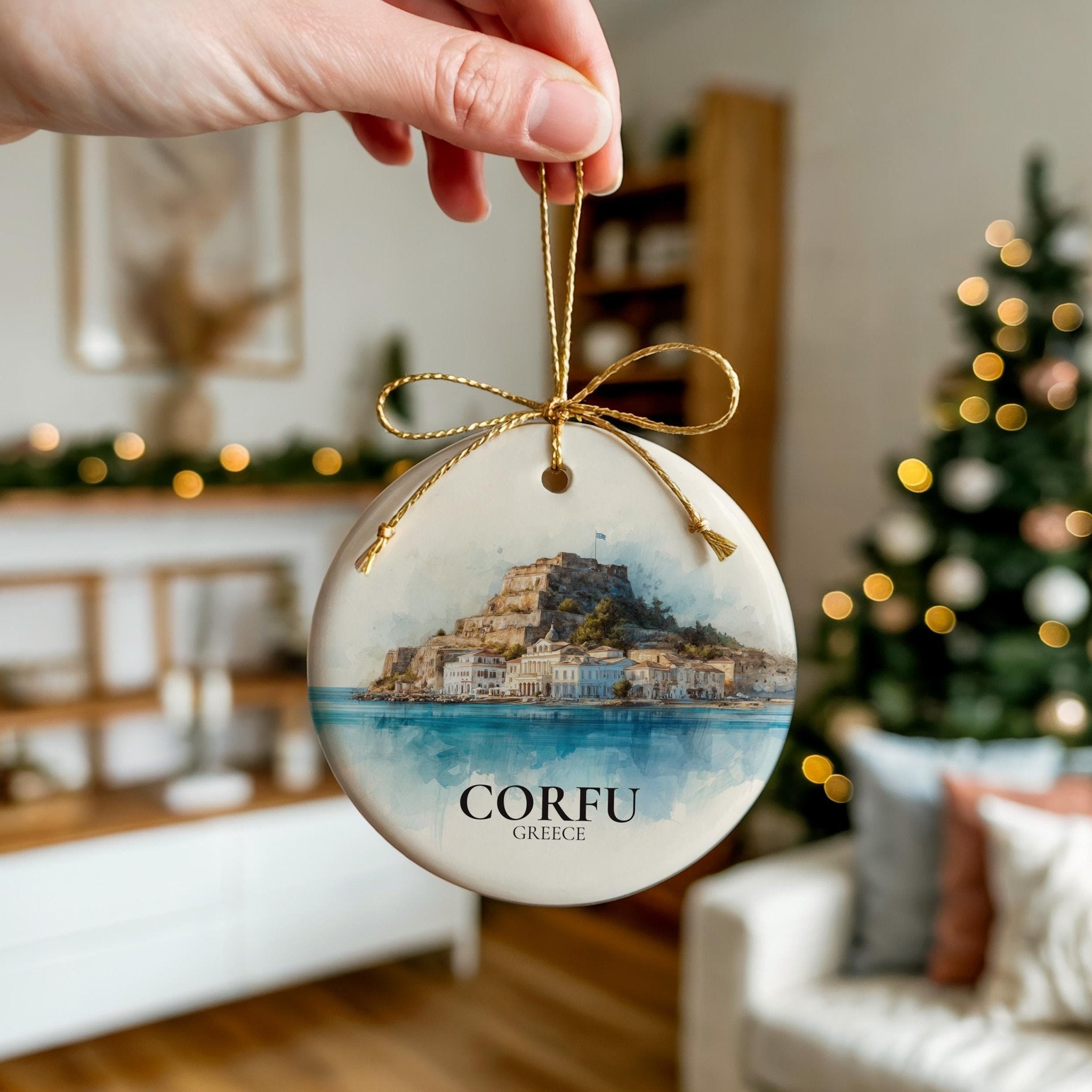 Corfu Greece Personalized Watercolor Ornament, Custom Ceramic Christmas gift, Travel Keepsake - CuteBeePix