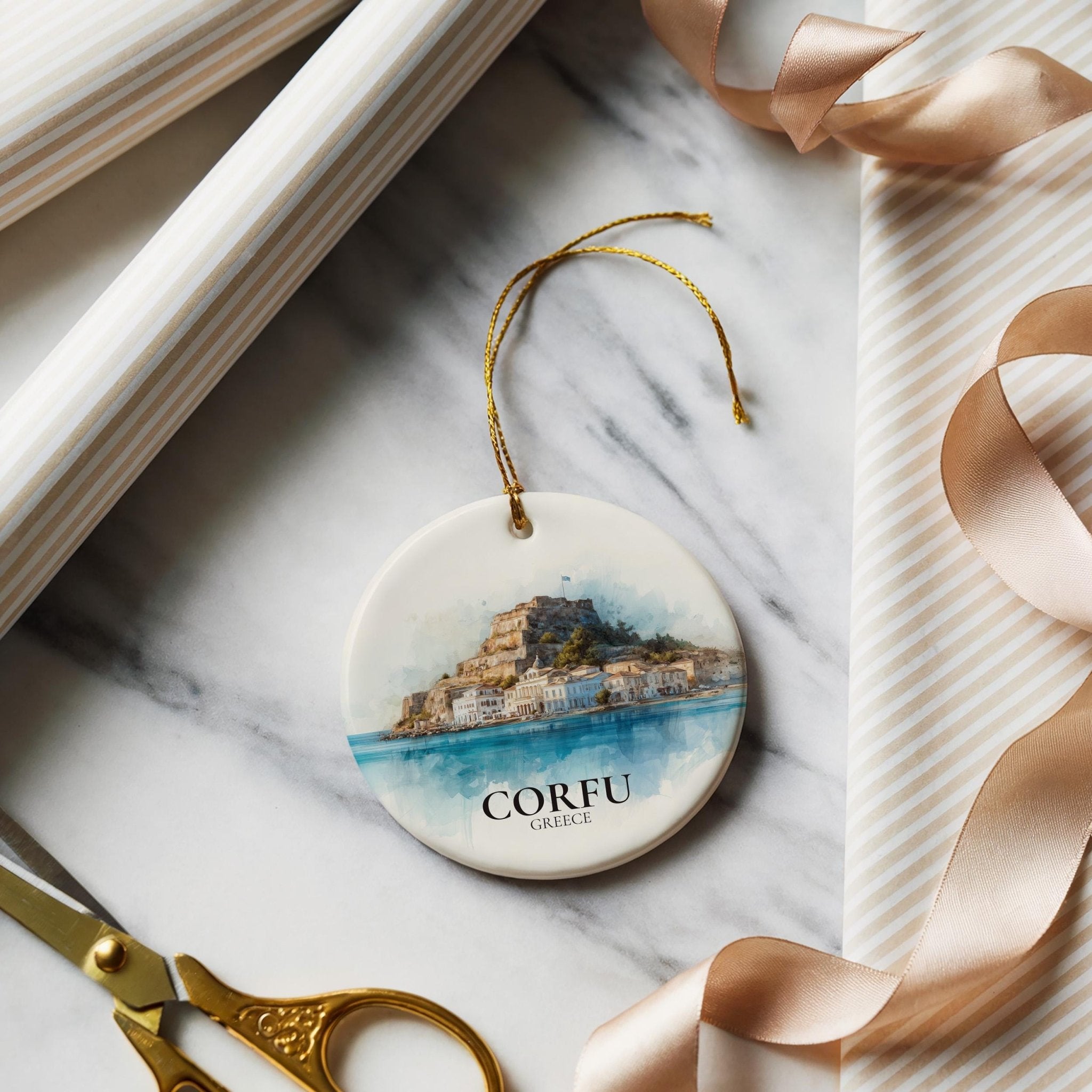 Corfu Greece Personalized Watercolor Ornament, Custom Ceramic Christmas gift, Travel Keepsake - CuteBeePix