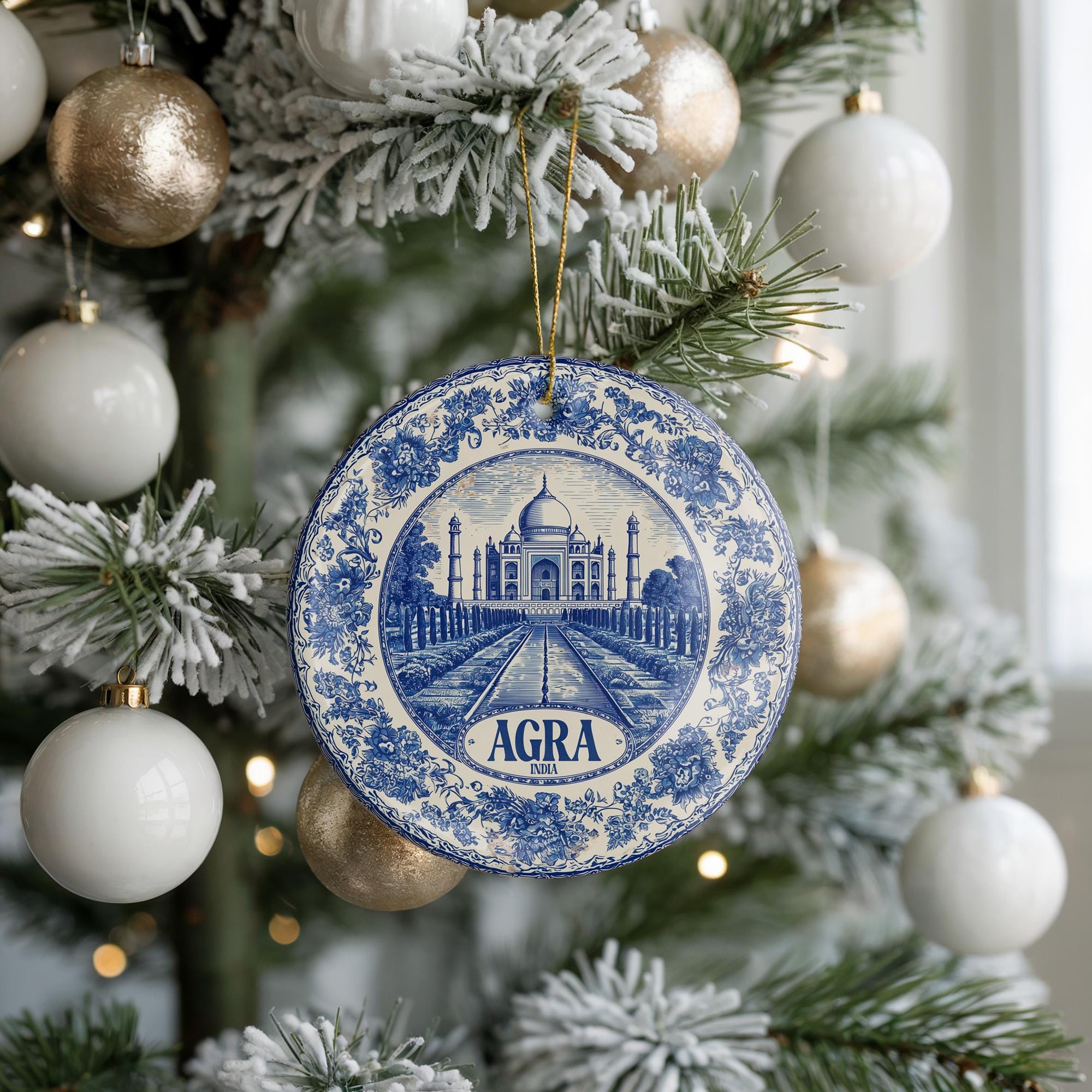 Custom Agra India Ceramic Delft Ornament, Christmas Delftware Blue Delftware city travel - CuteBeePix
