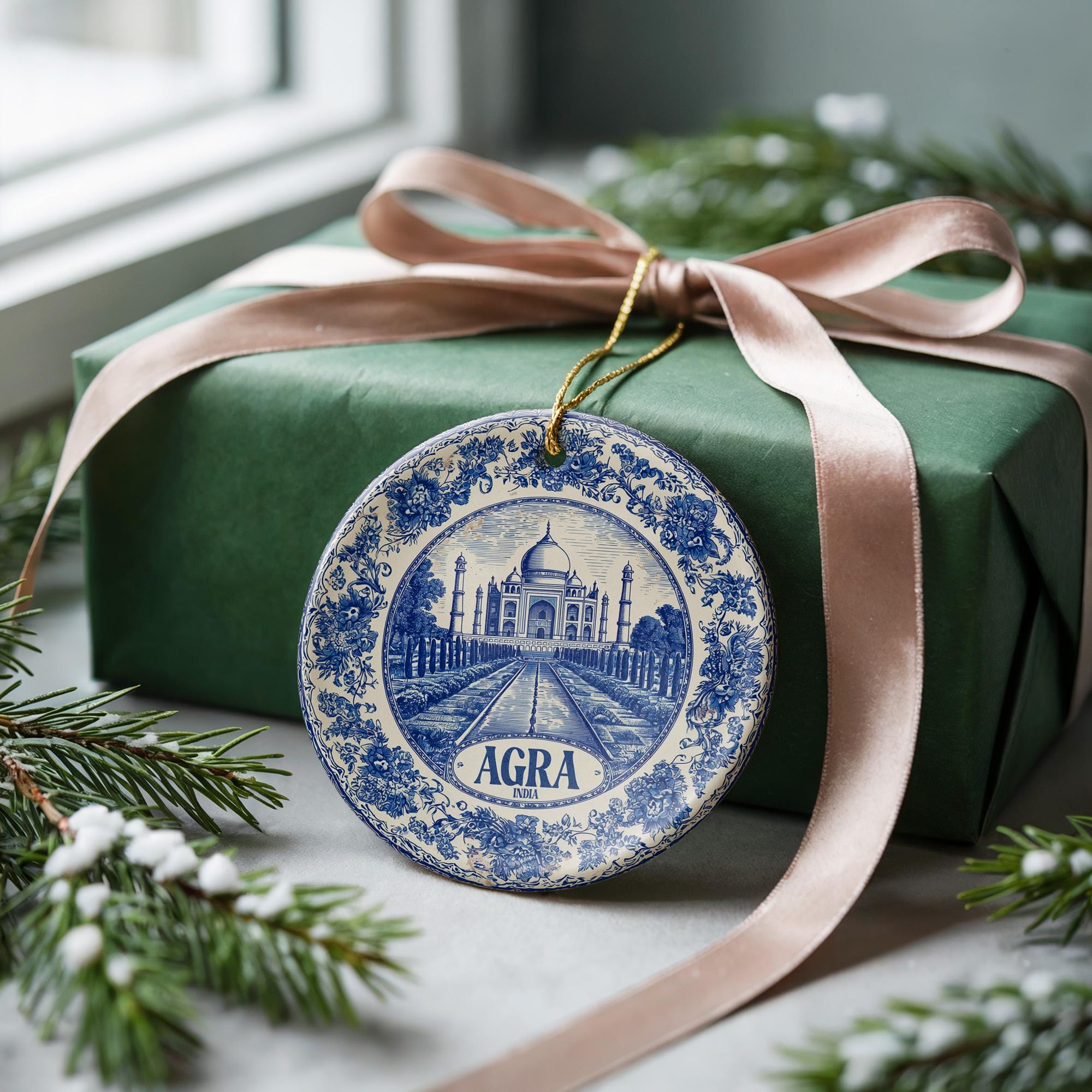 Custom Agra India Ceramic Delft Ornament, Christmas Delftware Blue Delftware city travel - CuteBeePix