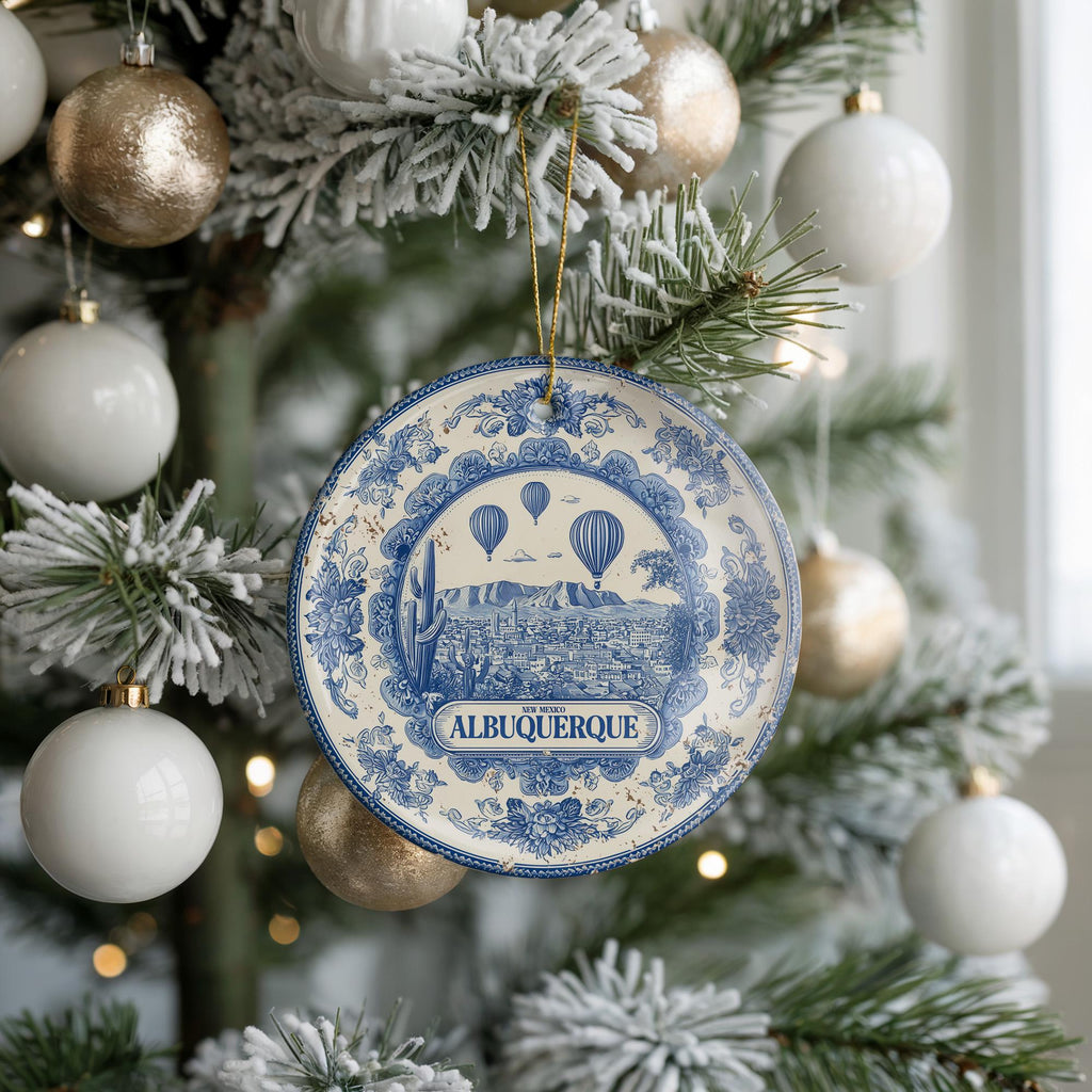 Custom Albuquerque New Mexico Ceramic Delft Ornament, Christmas Delftware Blue Delftware city travel - CuteBeePix