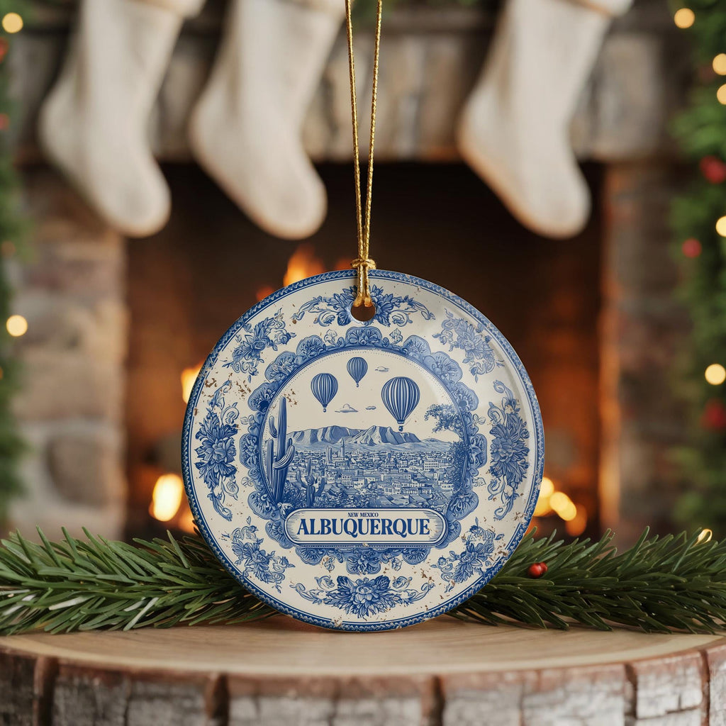 Custom Albuquerque New Mexico Ceramic Delft Ornament, Christmas Delftware Blue Delftware city travel - CuteBeePix