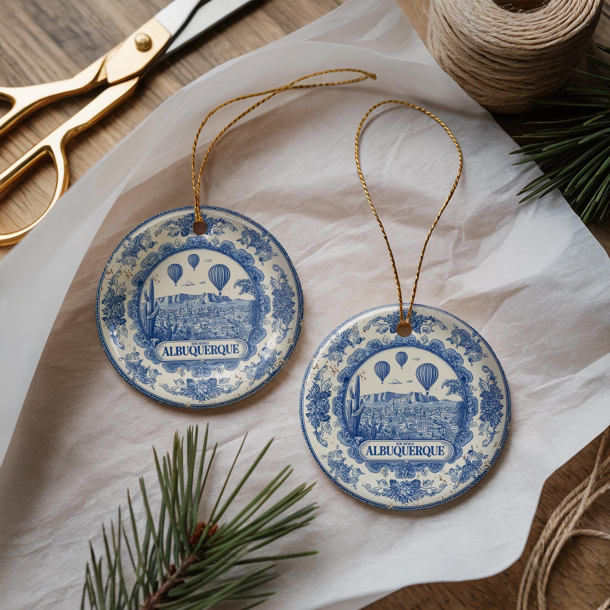 Custom Albuquerque New Mexico Ceramic Delft Ornament, Christmas Delftware Blue Delftware city travel - CuteBeePix