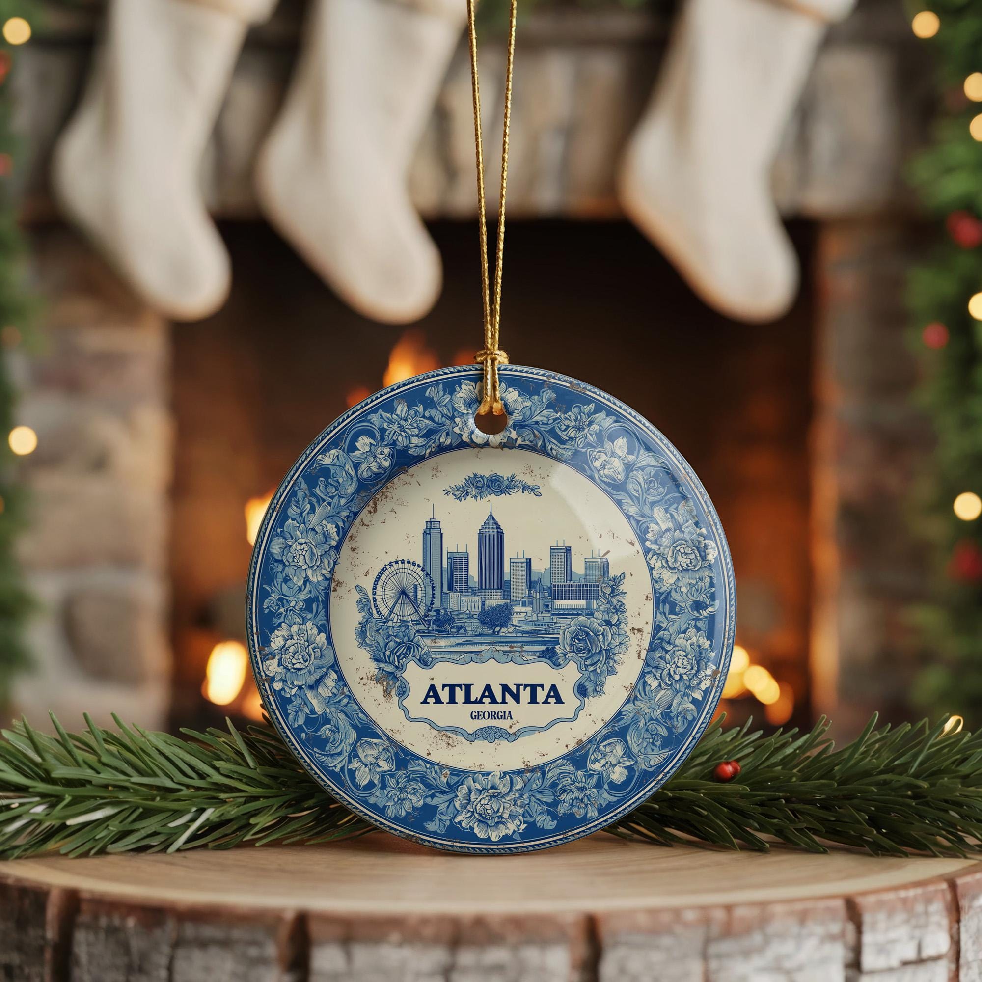 Custom Atlanta Georgia Ceramic Delft Ornament, Christmas Delftware Blue Delftware city travel - CuteBeePix