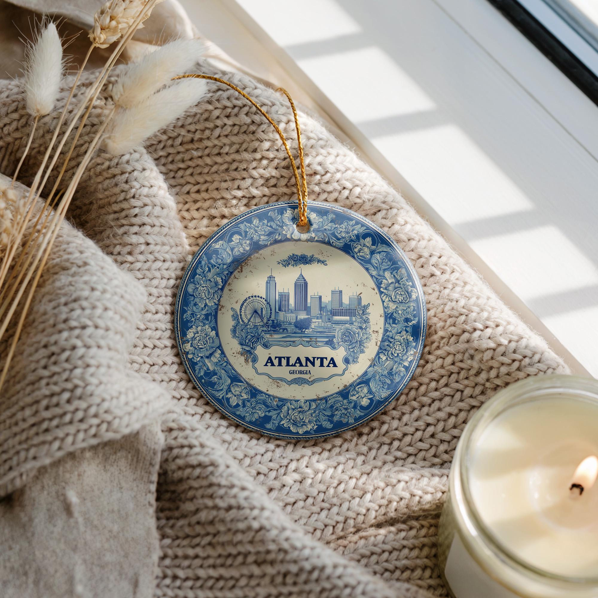 Custom Atlanta Georgia Ceramic Delft Ornament, Christmas Delftware Blue Delftware city travel - CuteBeePix
