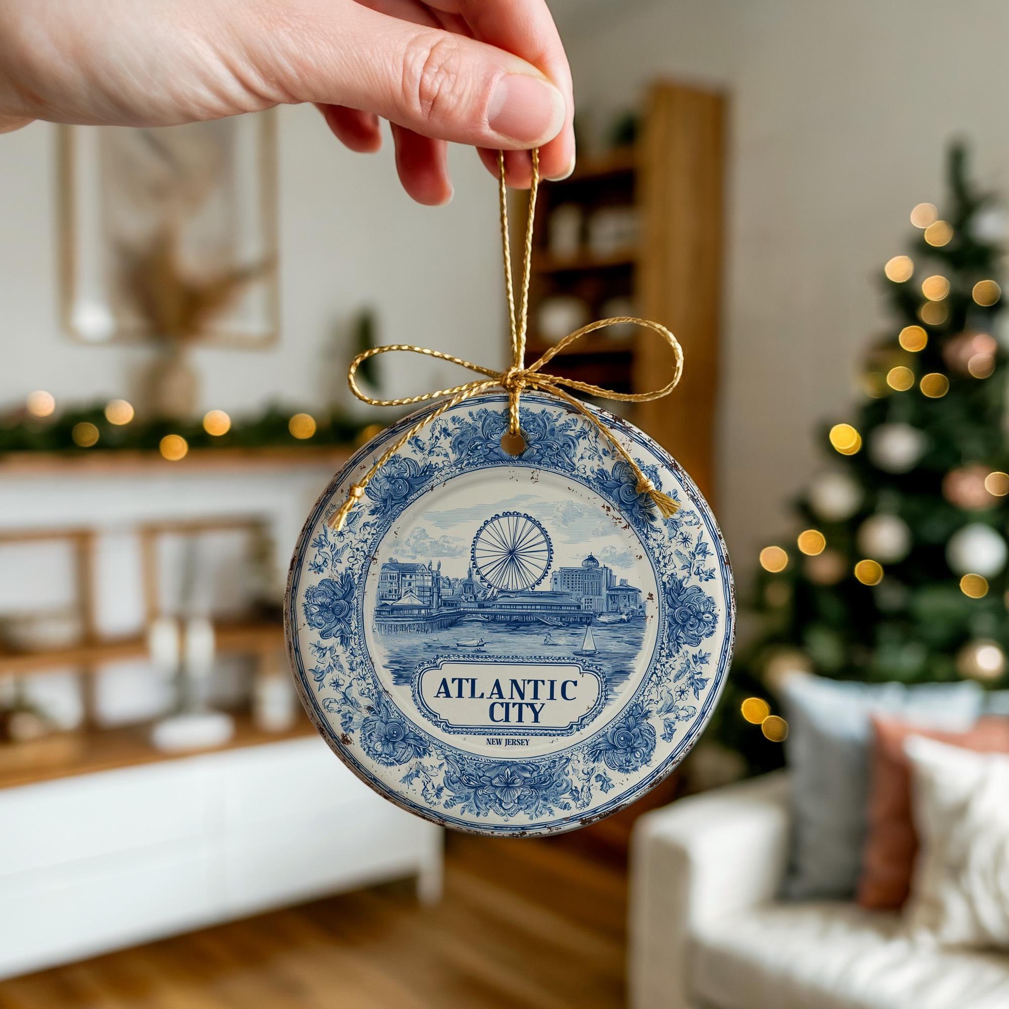 Custom Atlantic City New Jersey Ceramic Delft Ornament, Christmas Delftware Blue Delftware city travel - CuteBeePix