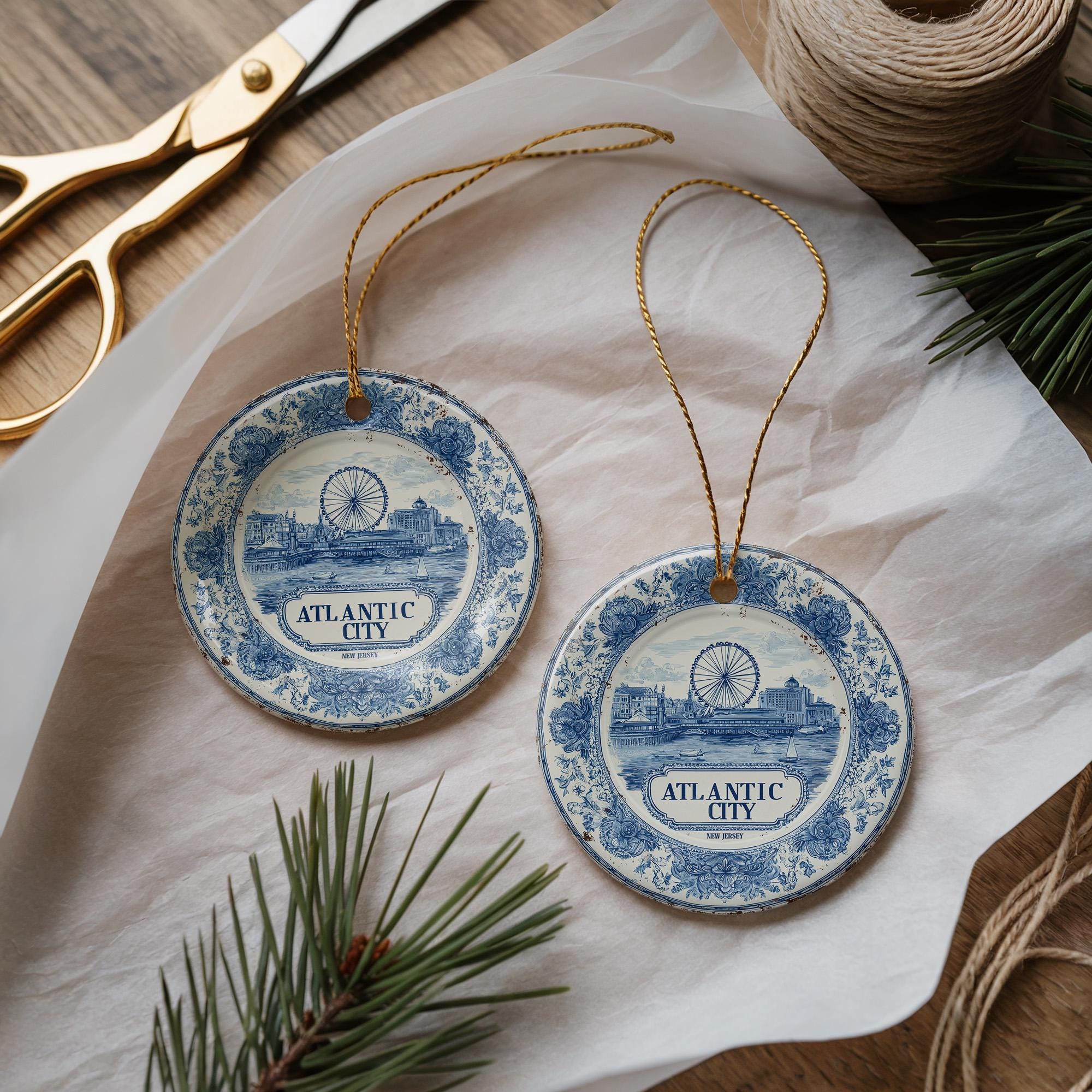 Custom Atlantic City New Jersey Ceramic Delft Ornament, Christmas Delftware Blue Delftware city travel - CuteBeePix
