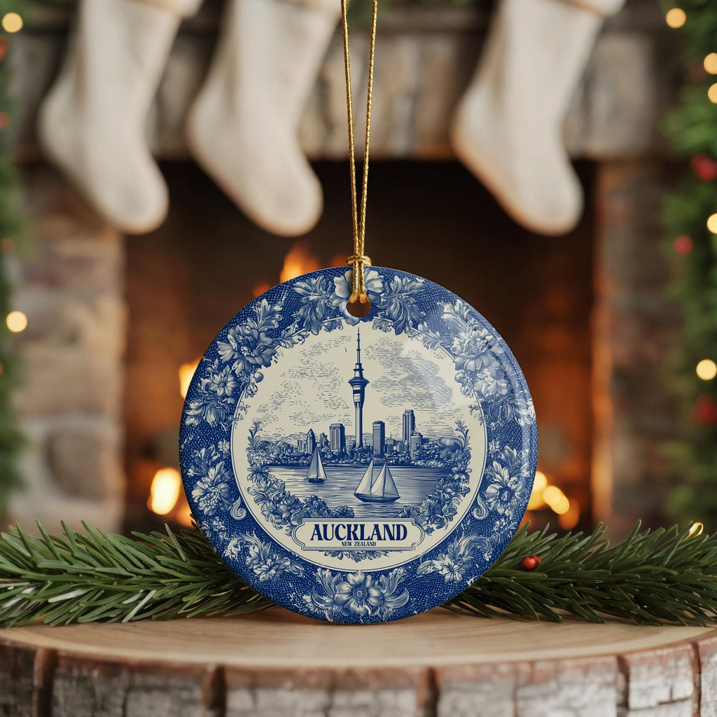 Custom Auckland New Zealand Ceramic Delft Ornament, Christmas Delftware Blue Delftware city travel - CuteBeePix