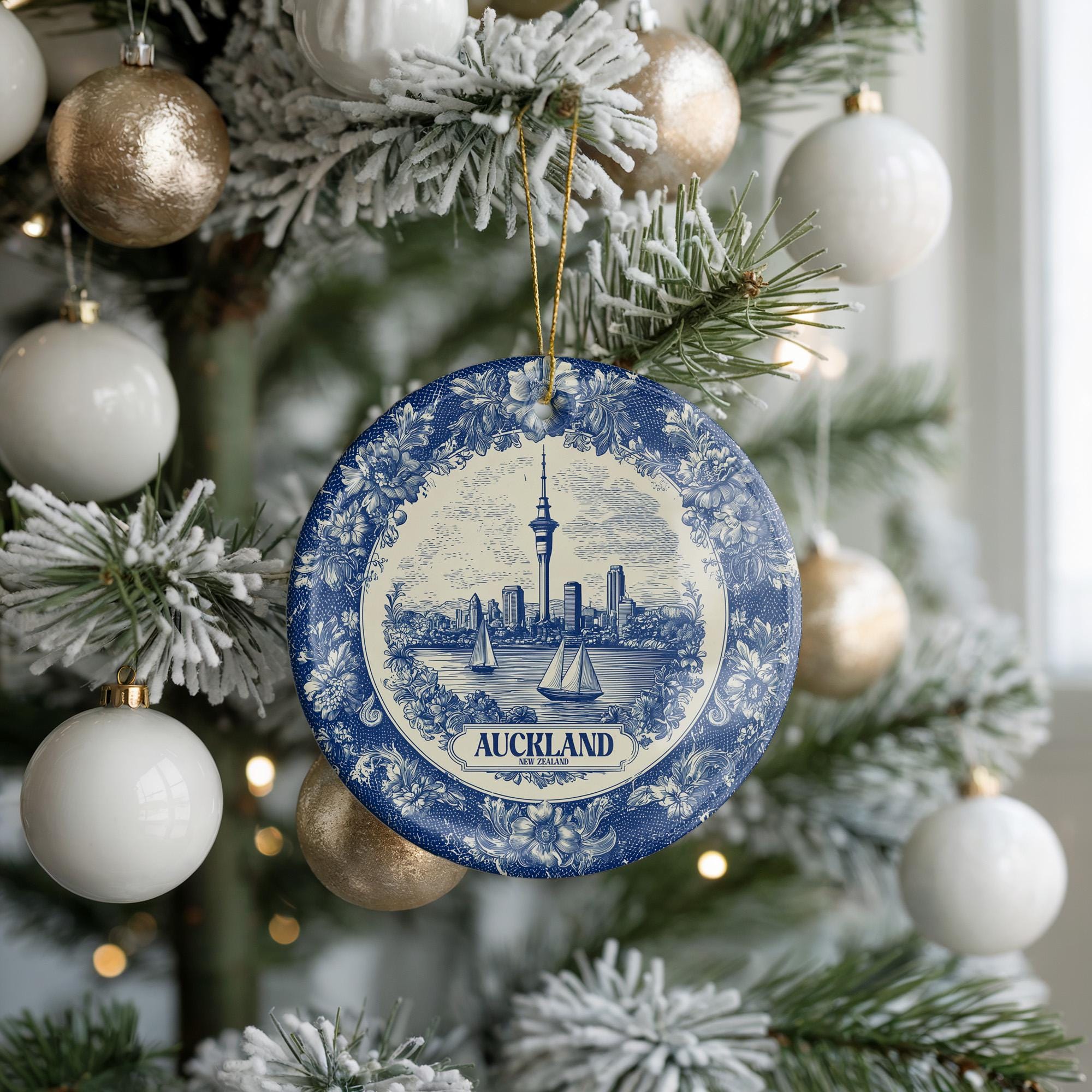 Custom Auckland New Zealand Ceramic Delft Ornament, Christmas Delftware Blue Delftware city travel - CuteBeePix