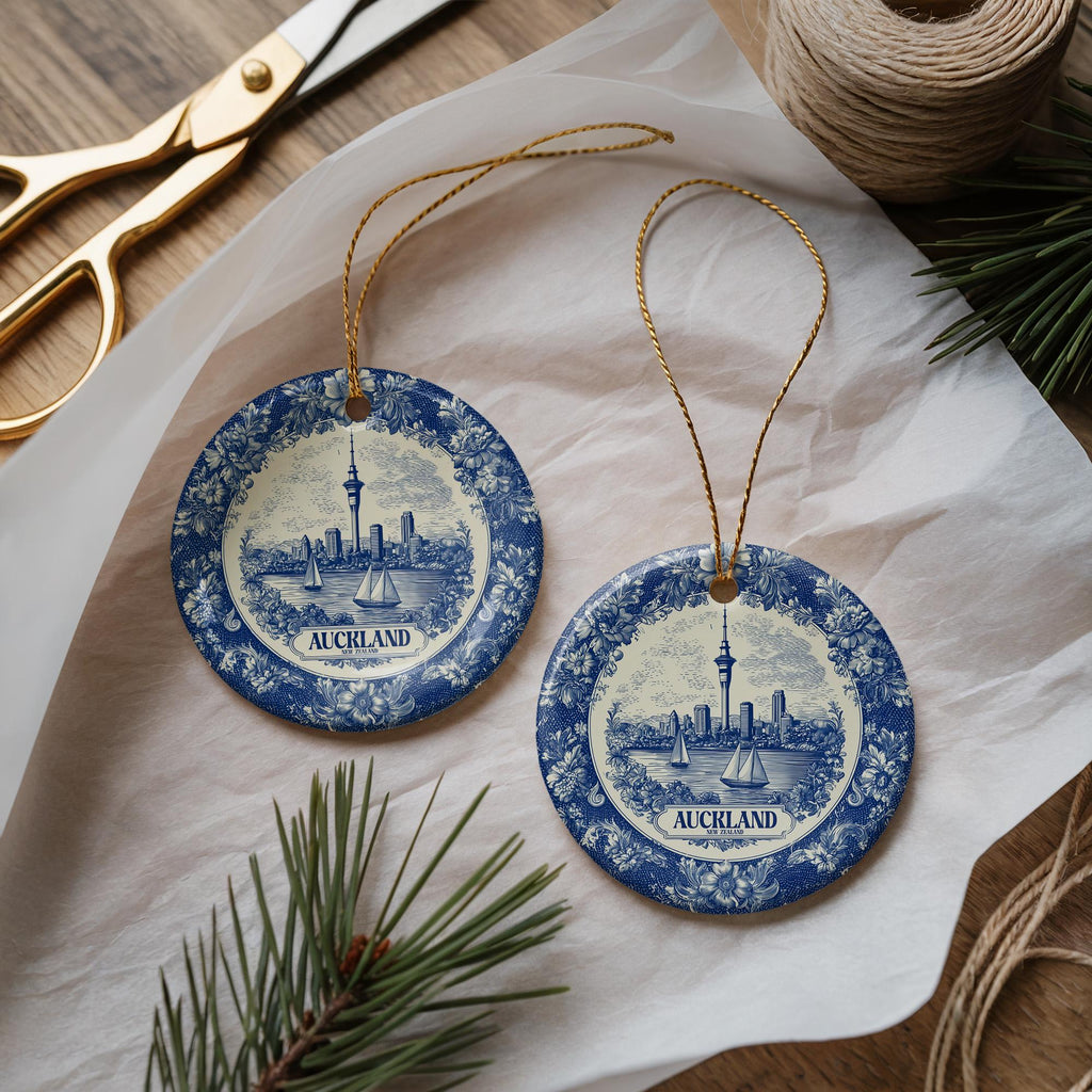 Custom Auckland New Zealand Ceramic Delft Ornament, Christmas Delftware Blue Delftware city travel - CuteBeePix