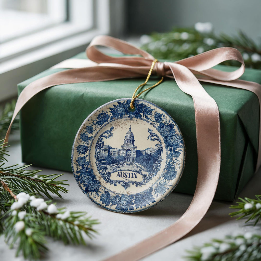 Custom Austin Texas Ceramic Delft Ornament, Christmas Delftware Blue Delftware city travel - CuteBeePix