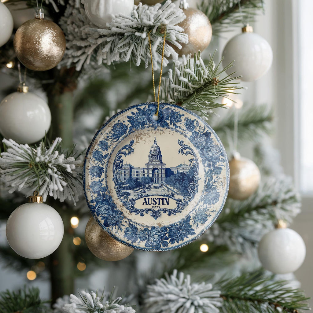 Custom Austin Texas Ceramic Delft Ornament, Christmas Delftware Blue Delftware city travel - CuteBeePix