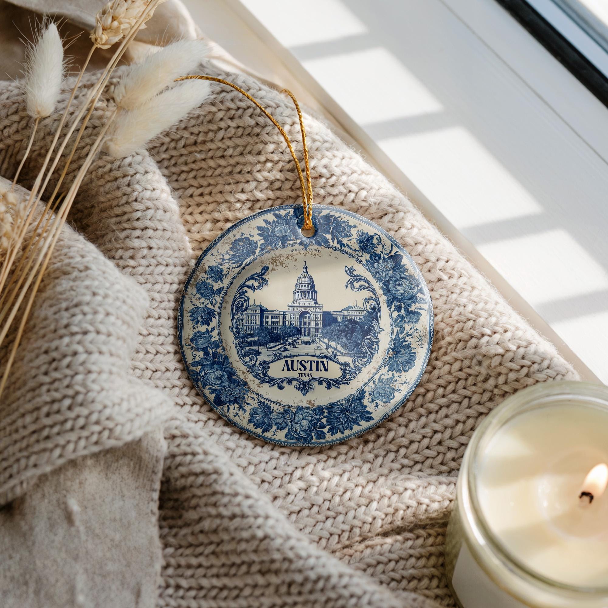 Custom Austin Texas Ceramic Delft Ornament, Christmas Delftware Blue Delftware city travel - CuteBeePix