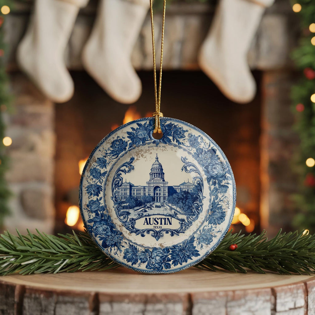 Custom Austin Texas Ceramic Delft Ornament, Christmas Delftware Blue Delftware city travel - CuteBeePix