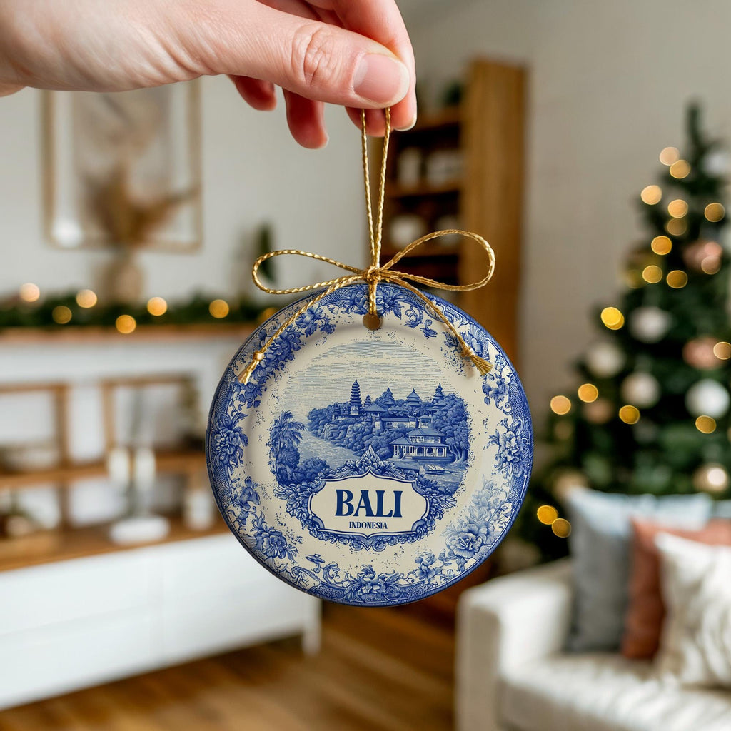 Custom Bali Indonesia Ceramic Delft Ornament, Christmas Delftware Blue Delftware city travel - CuteBeePix
