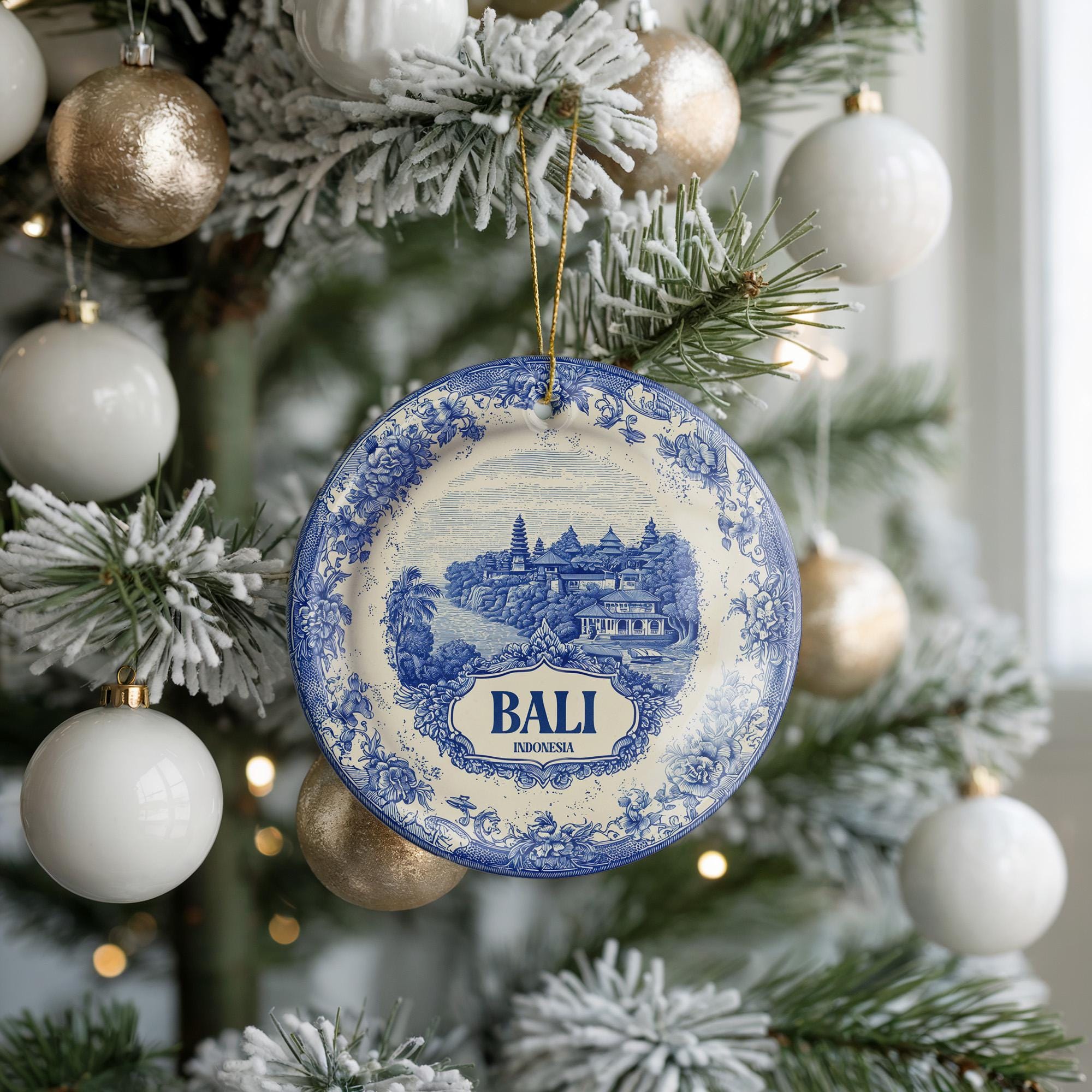 Custom Bali Indonesia Ceramic Delft Ornament, Christmas Delftware Blue Delftware city travel - CuteBeePix