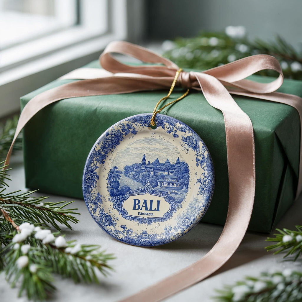Custom Bali Indonesia Ceramic Delft Ornament, Christmas Delftware Blue Delftware city travel - CuteBeePix
