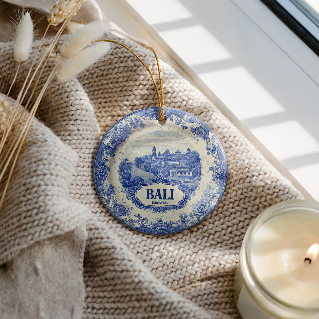 Custom Bali Indonesia Ceramic Delft Ornament, Christmas Delftware Blue Delftware city travel - CuteBeePix