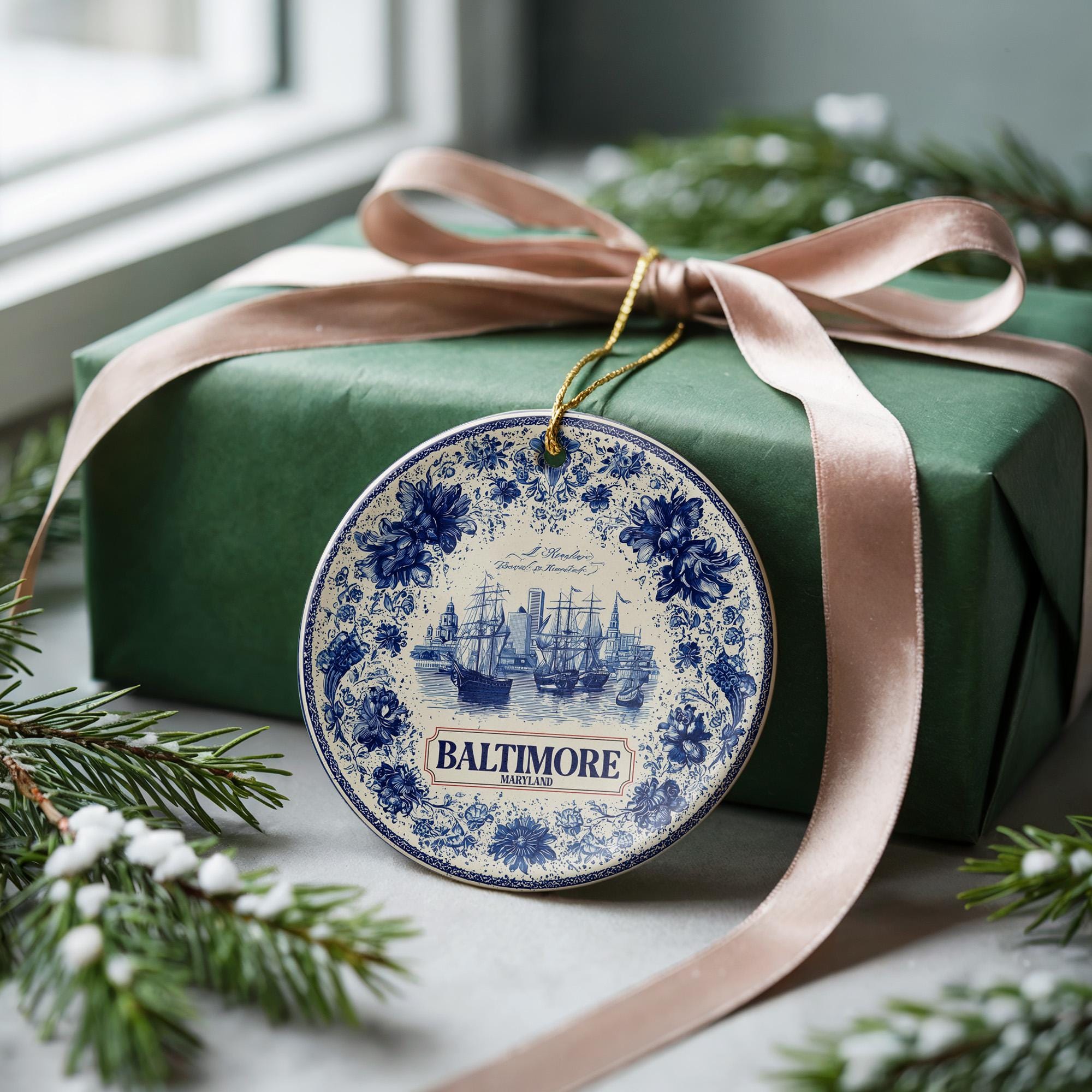 Custom Baltimore Maryland Ceramic Delft Ornament, Christmas Delftware Blue Delftware city travel - CuteBeePix
