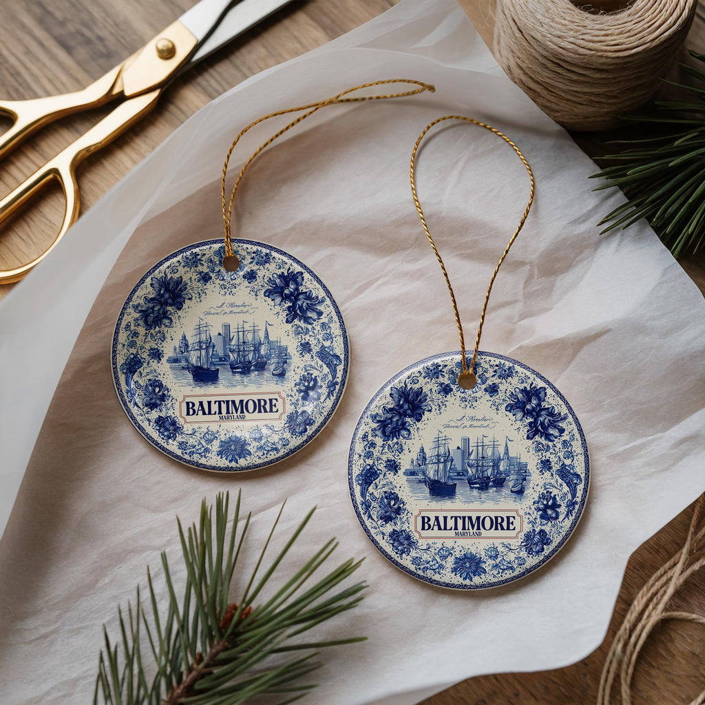 Custom Baltimore Maryland Ceramic Delft Ornament, Christmas Delftware Blue Delftware city travel - CuteBeePix