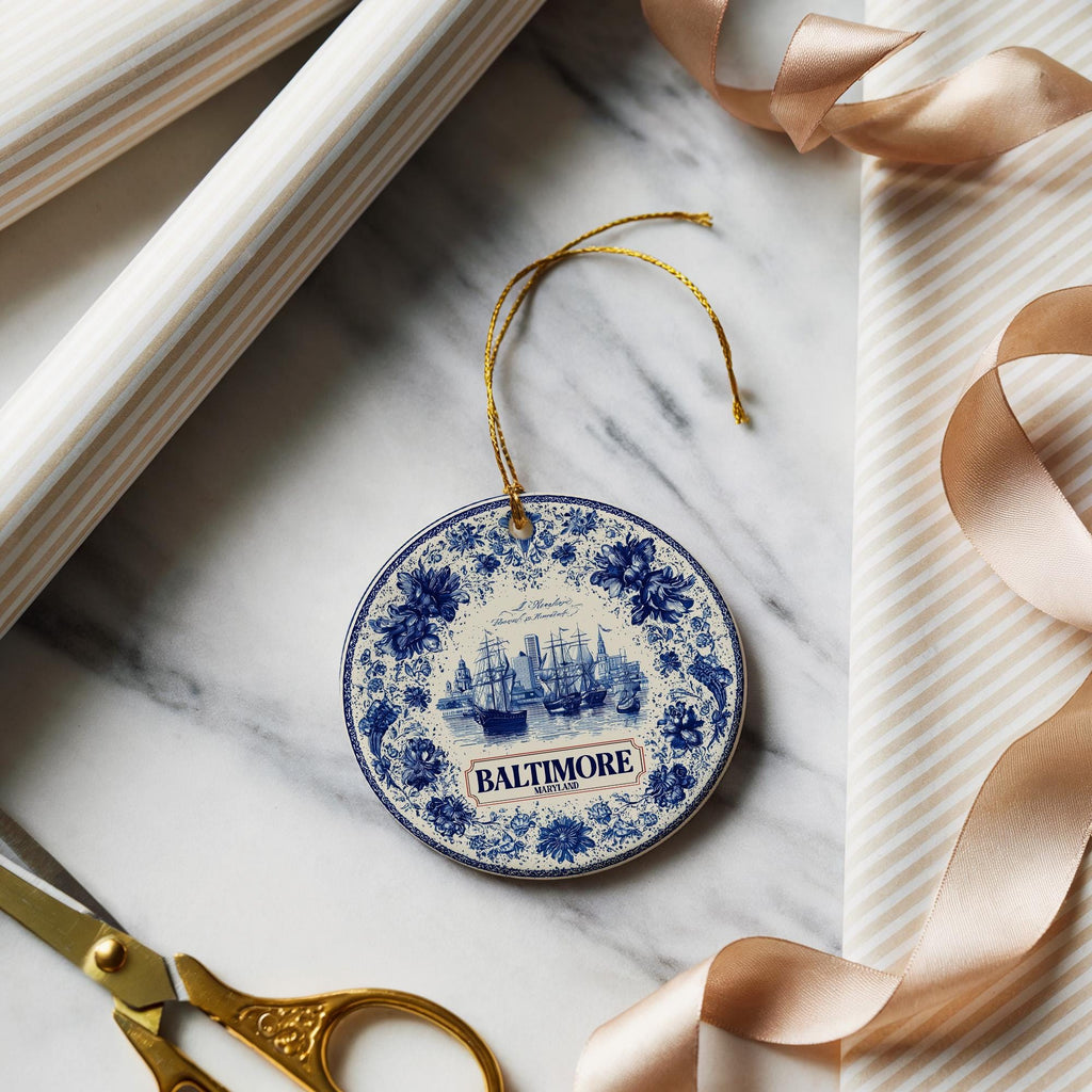Custom Baltimore Maryland Ceramic Delft Ornament, Christmas Delftware Blue Delftware city travel - CuteBeePix