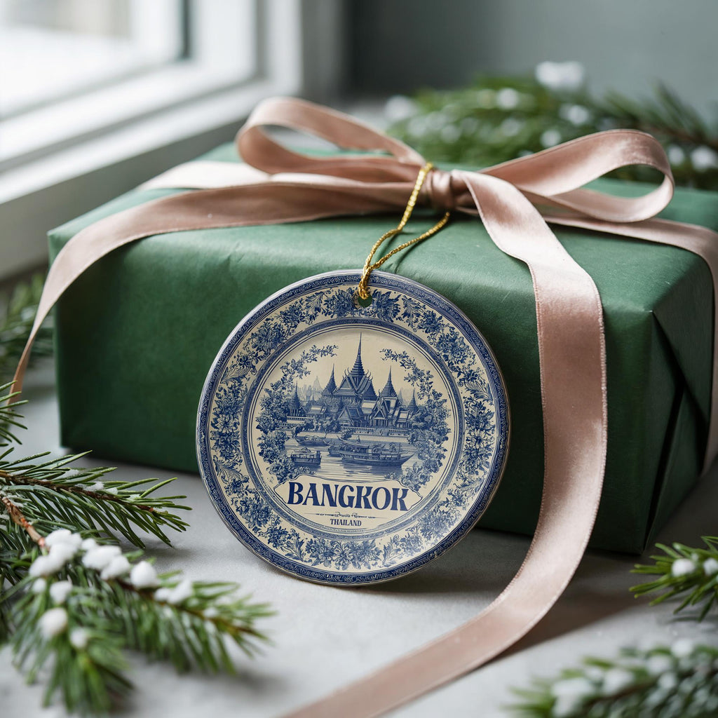 Custom Bangkok Thailand Ceramic Delft Ornament, Christmas Delftware Blue Delftware city travel - CuteBeePix