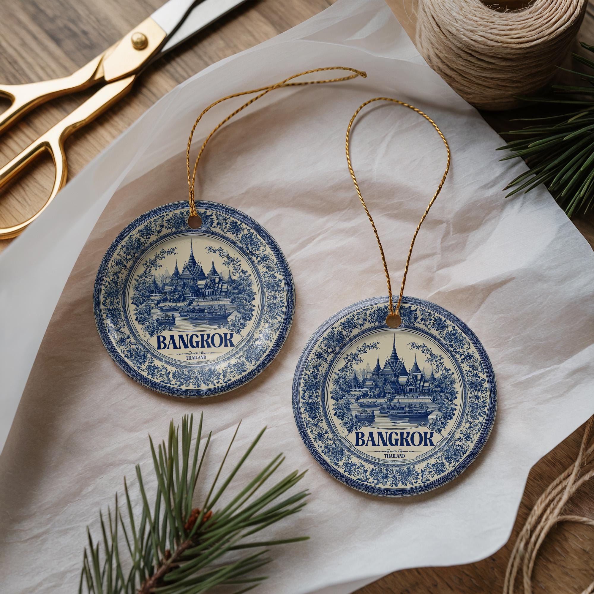 Custom Bangkok Thailand Ceramic Delft Ornament, Christmas Delftware Blue Delftware city travel - CuteBeePix