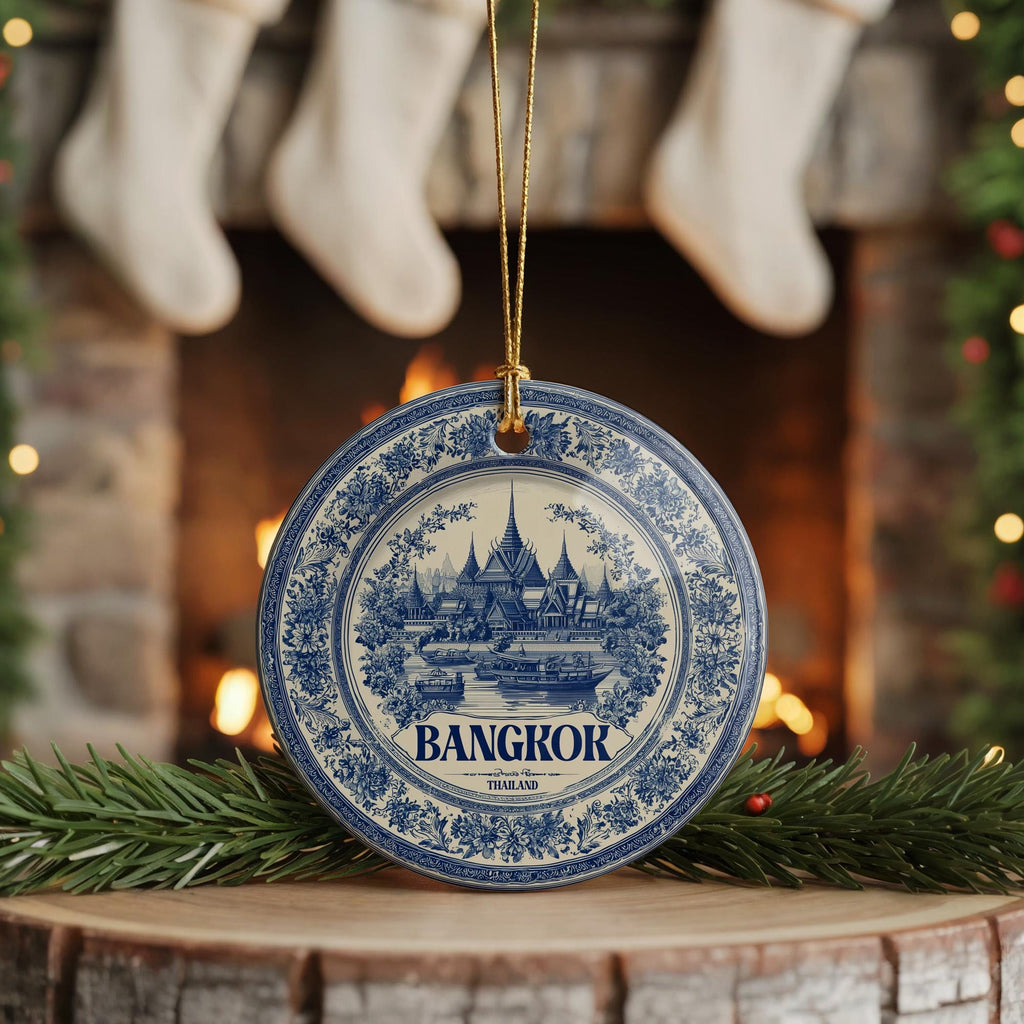 Custom Bangkok Thailand Ceramic Delft Ornament, Christmas Delftware Blue Delftware city travel - CuteBeePix