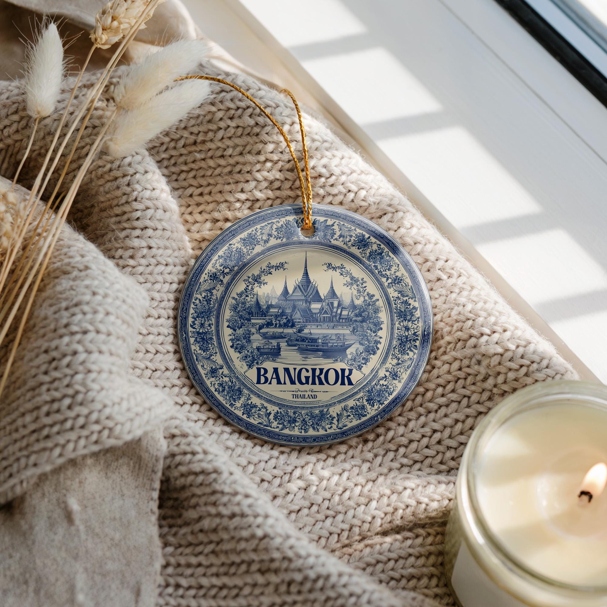 Custom Bangkok Thailand Ceramic Delft Ornament, Christmas Delftware Blue Delftware city travel - CuteBeePix