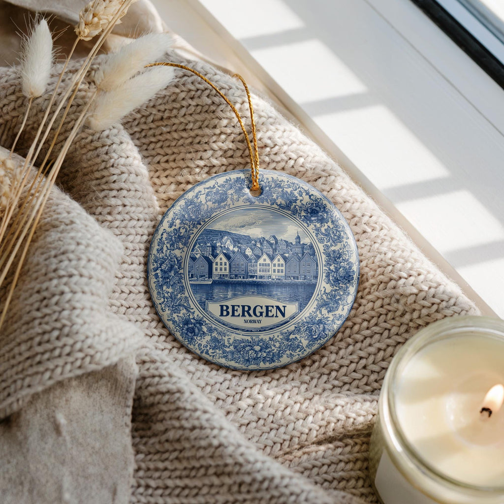 Custom Bergen Norway Ceramic Delft Ornament, Christmas Delftware Blue Delftware city travel - CuteBeePix