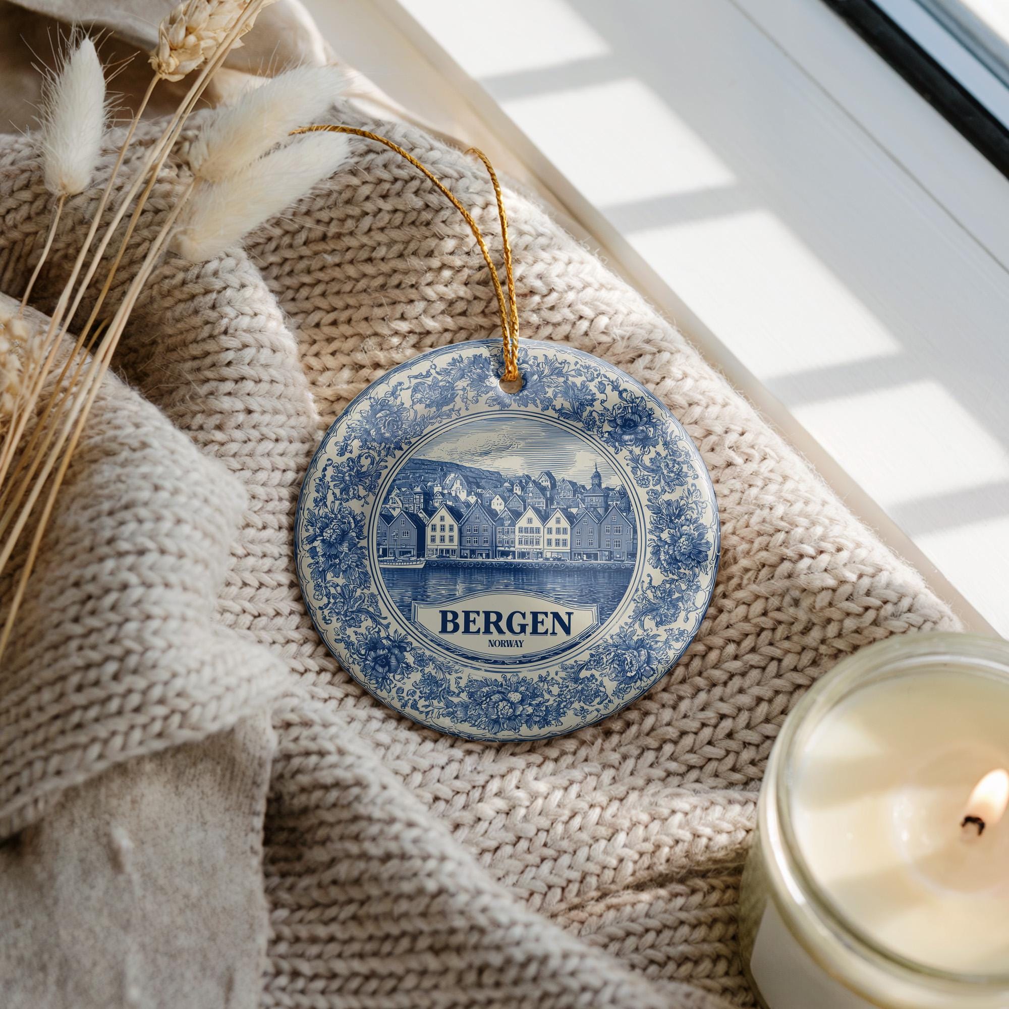 Custom Bergen Norway Ceramic Delft Ornament, Christmas Delftware Blue Delftware city travel - CuteBeePix