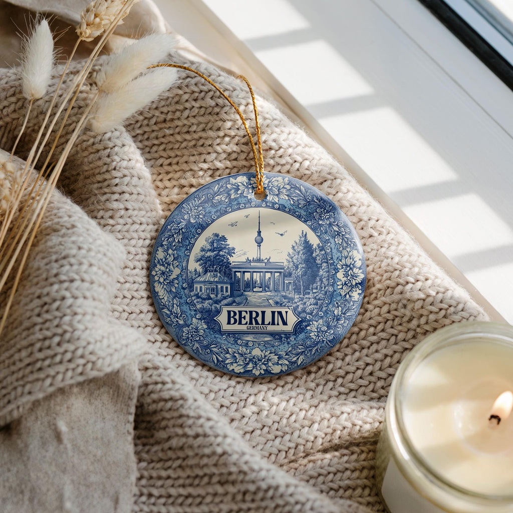 Custom Berlin Germany Ceramic Delft Ornament, Christmas Delftware Blue Delftware city travel - CuteBeePix