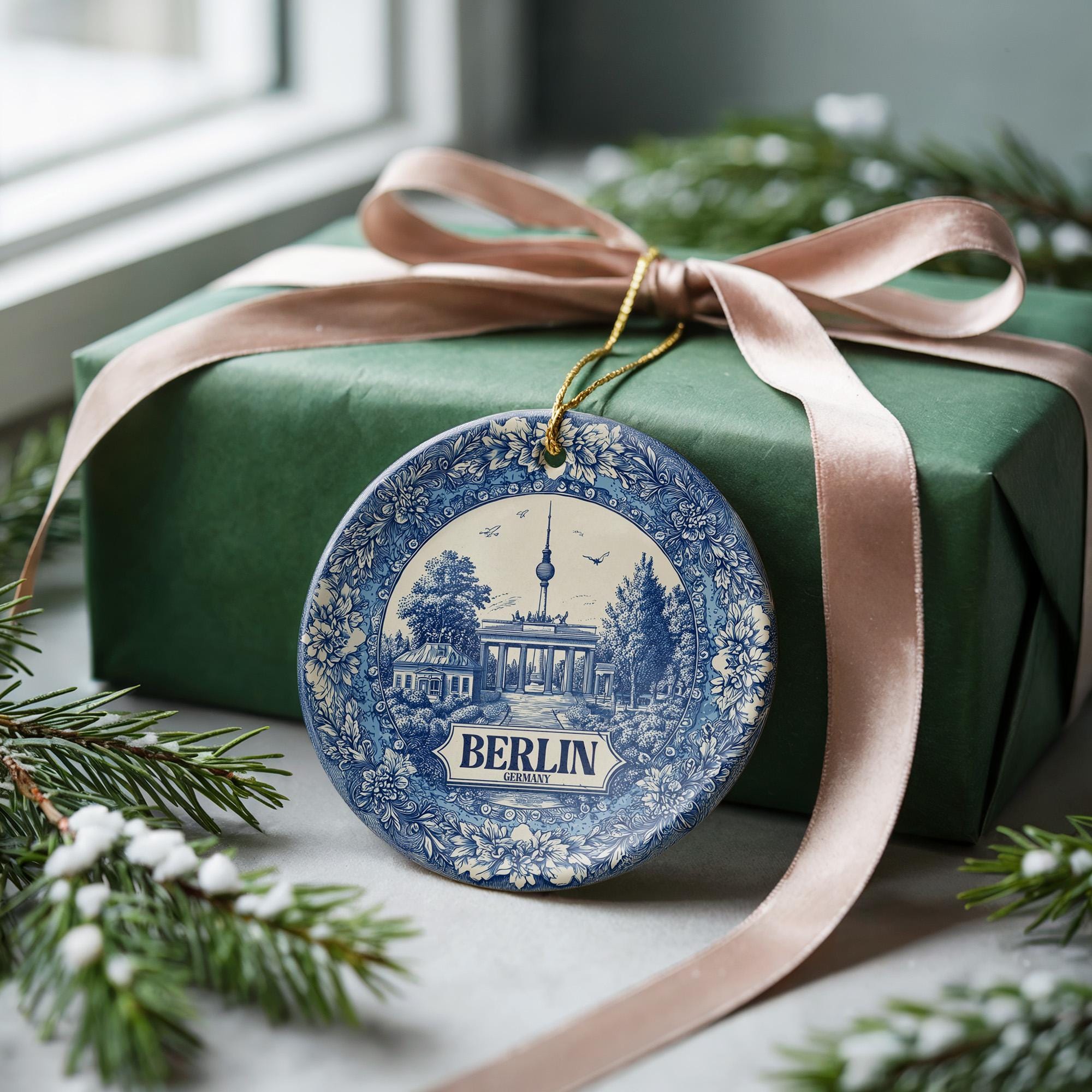 Custom Berlin Germany Ceramic Delft Ornament, Christmas Delftware Blue Delftware city travel - CuteBeePix