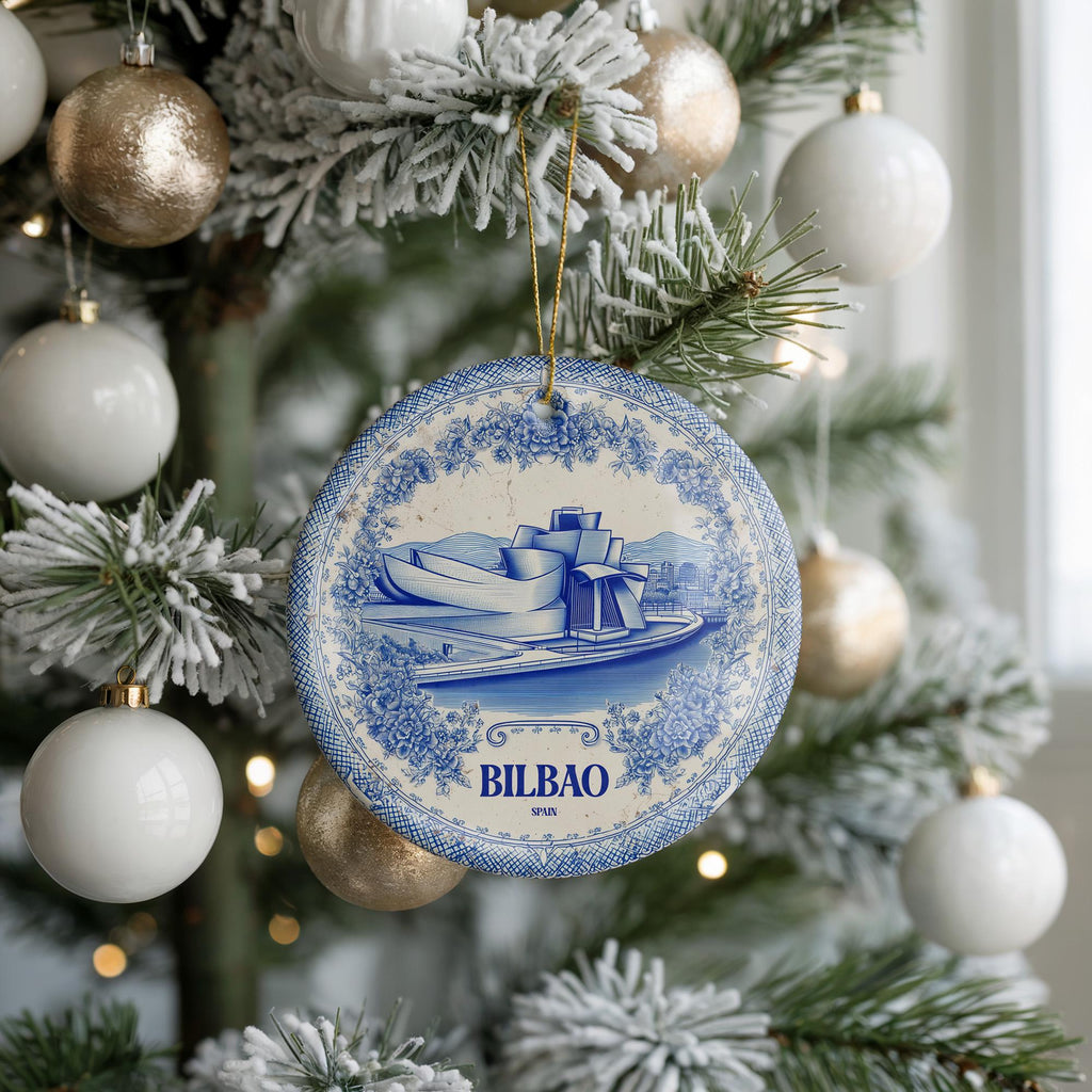 Custom Bilbao Spain Ceramic Delft Ornament, Christmas Delftware Blue Delftware city travel - CuteBeePix