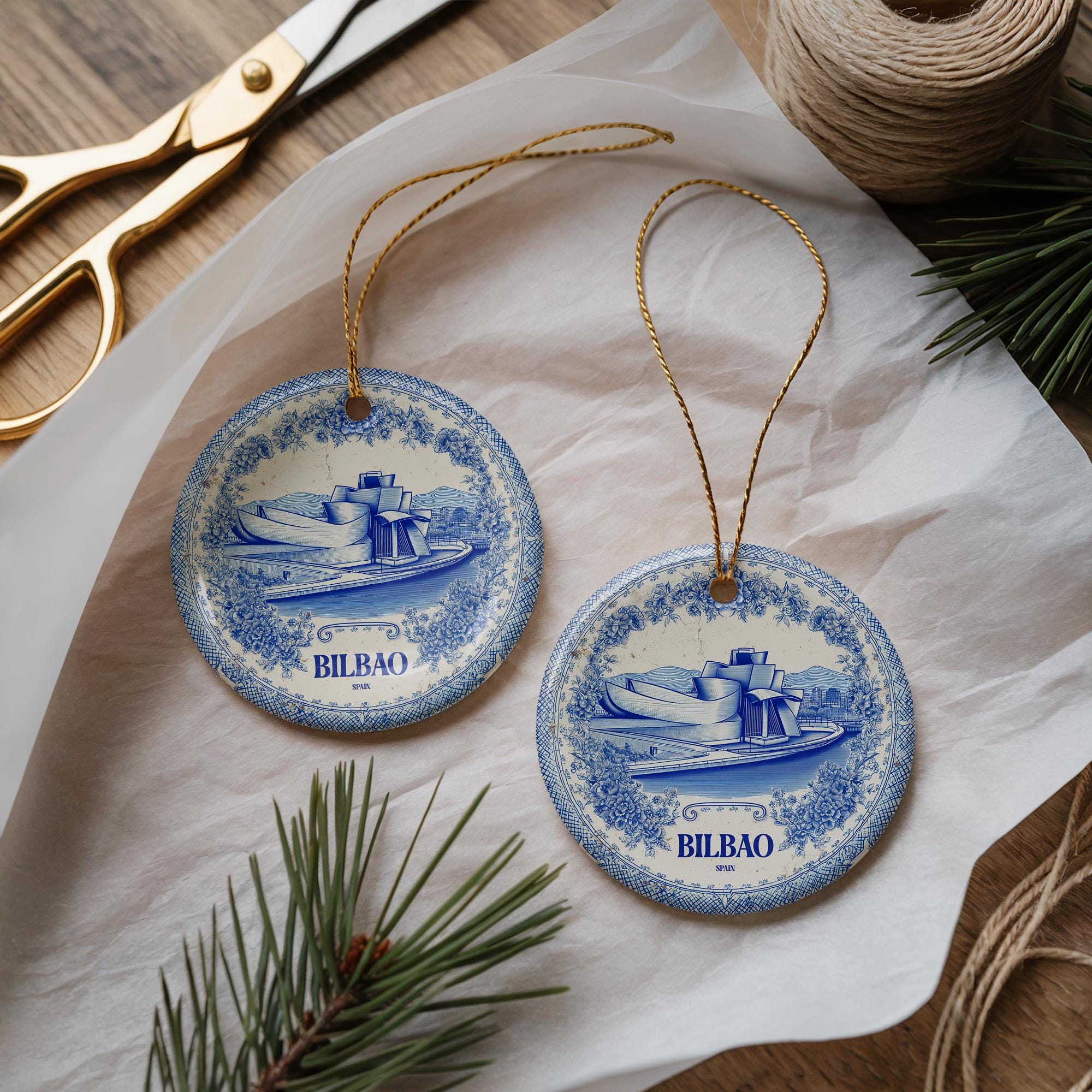 Custom Bilbao Spain Ceramic Delft Ornament, Christmas Delftware Blue Delftware city travel - CuteBeePix