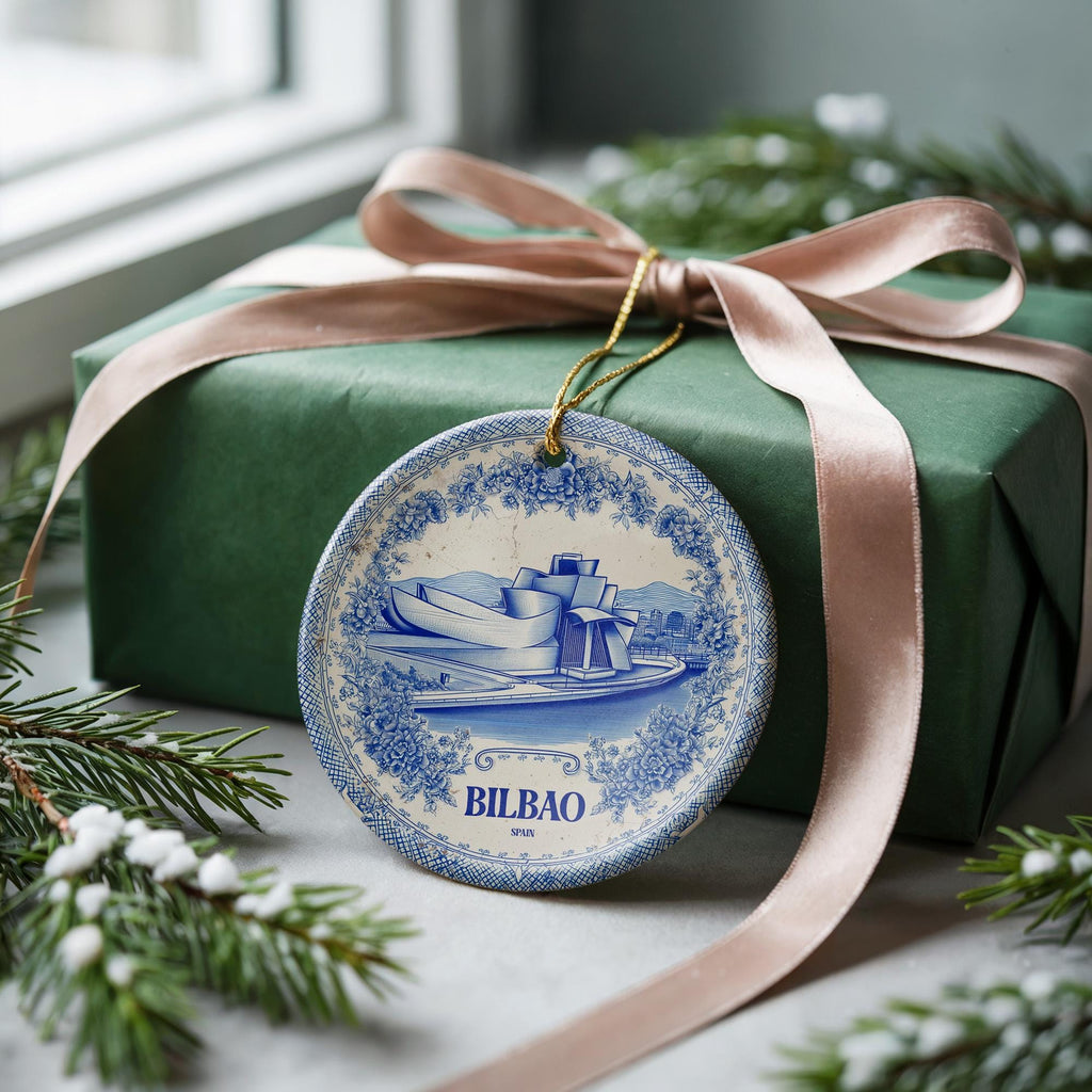 Custom Bilbao Spain Ceramic Delft Ornament, Christmas Delftware Blue Delftware city travel - CuteBeePix