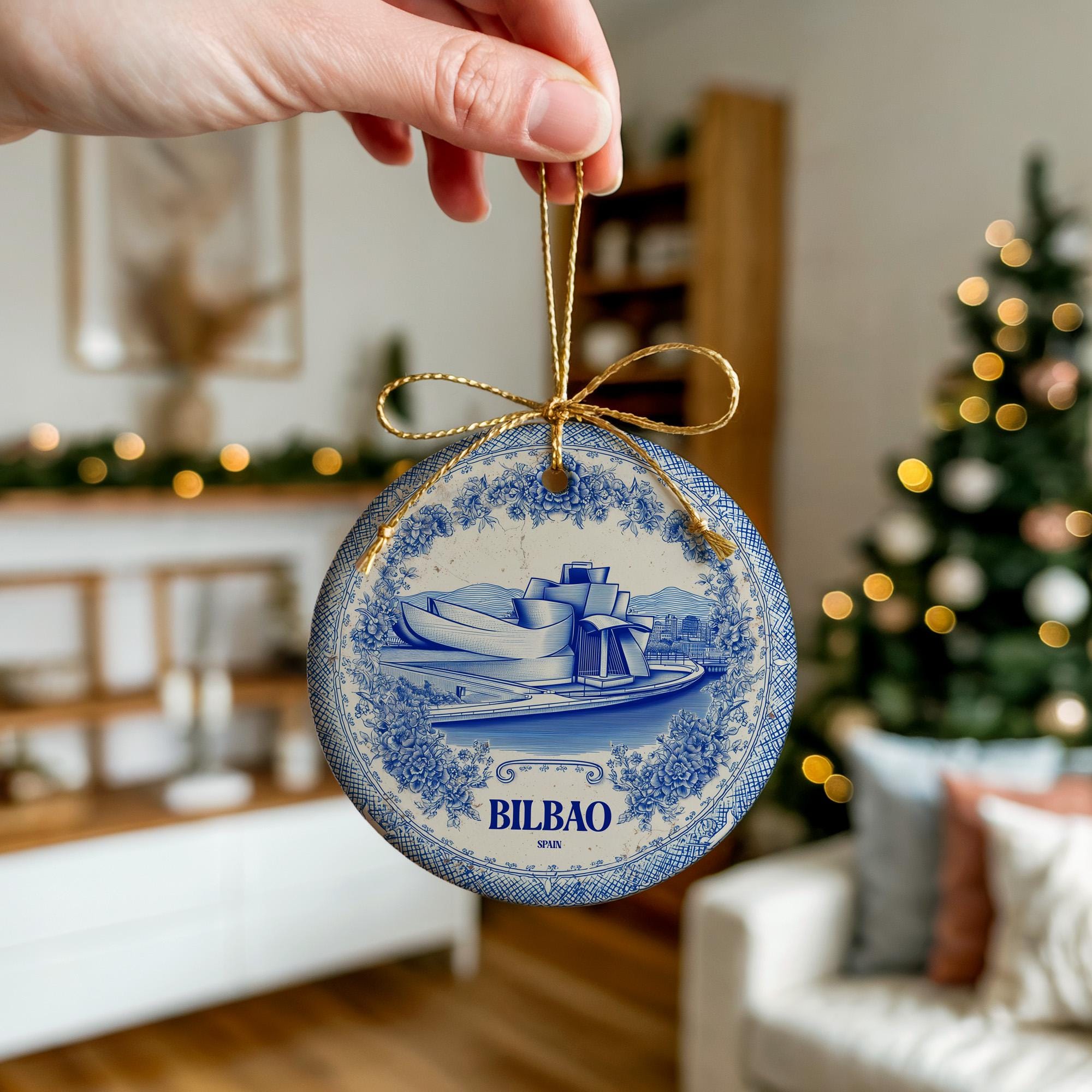 Custom Bilbao Spain Ceramic Delft Ornament, Christmas Delftware Blue Delftware city travel - CuteBeePix