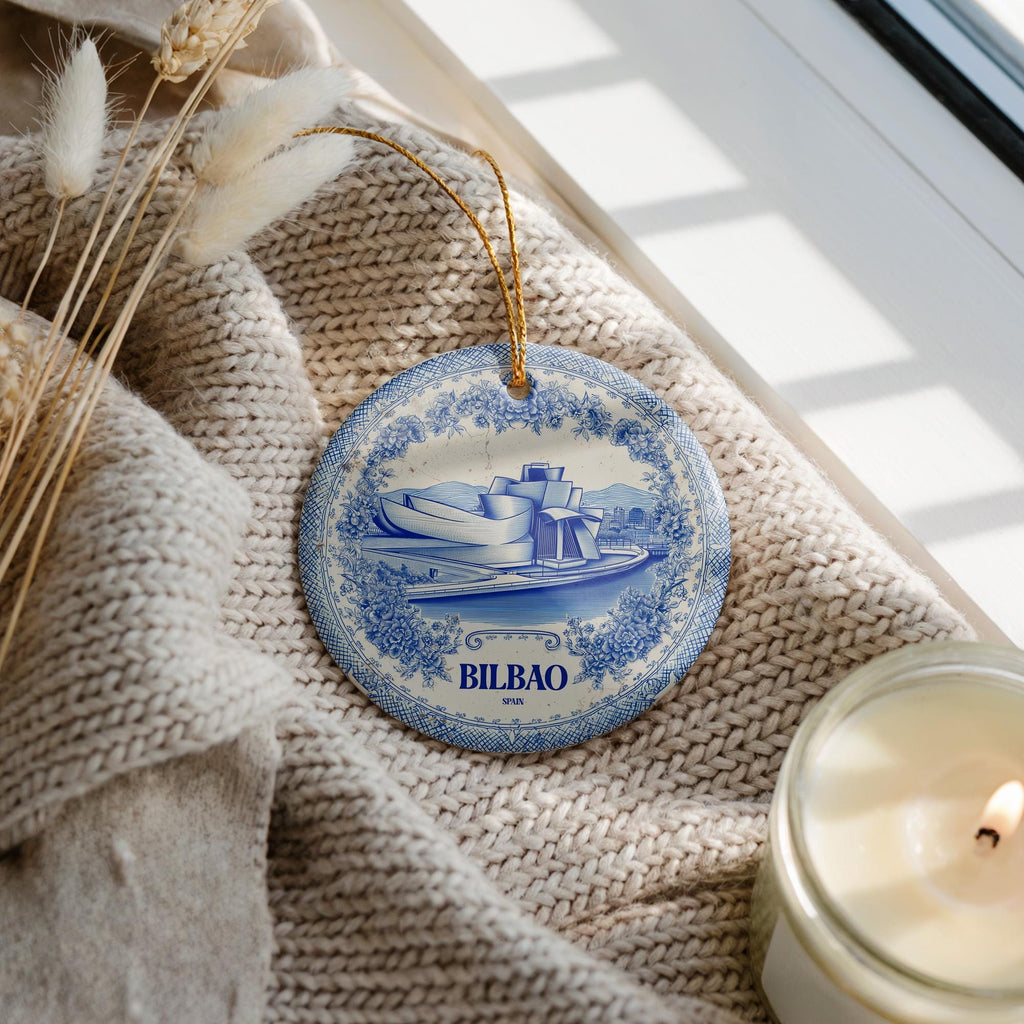 Custom Bilbao Spain Ceramic Delft Ornament, Christmas Delftware Blue Delftware city travel - CuteBeePix