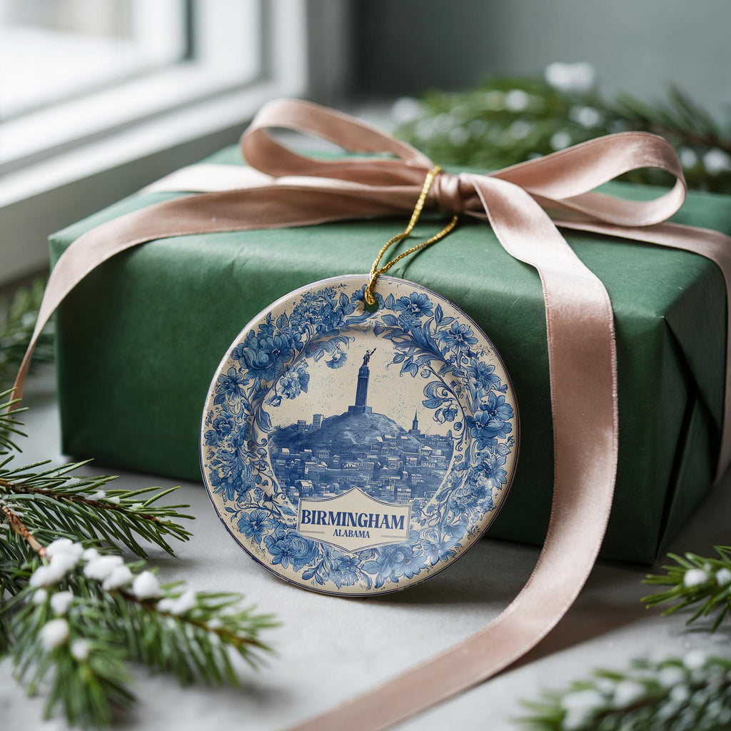 Custom Birmingham Alabama Ceramic Delft Ornament, Christmas Delftware Blue Delftware city travel - CuteBeePix