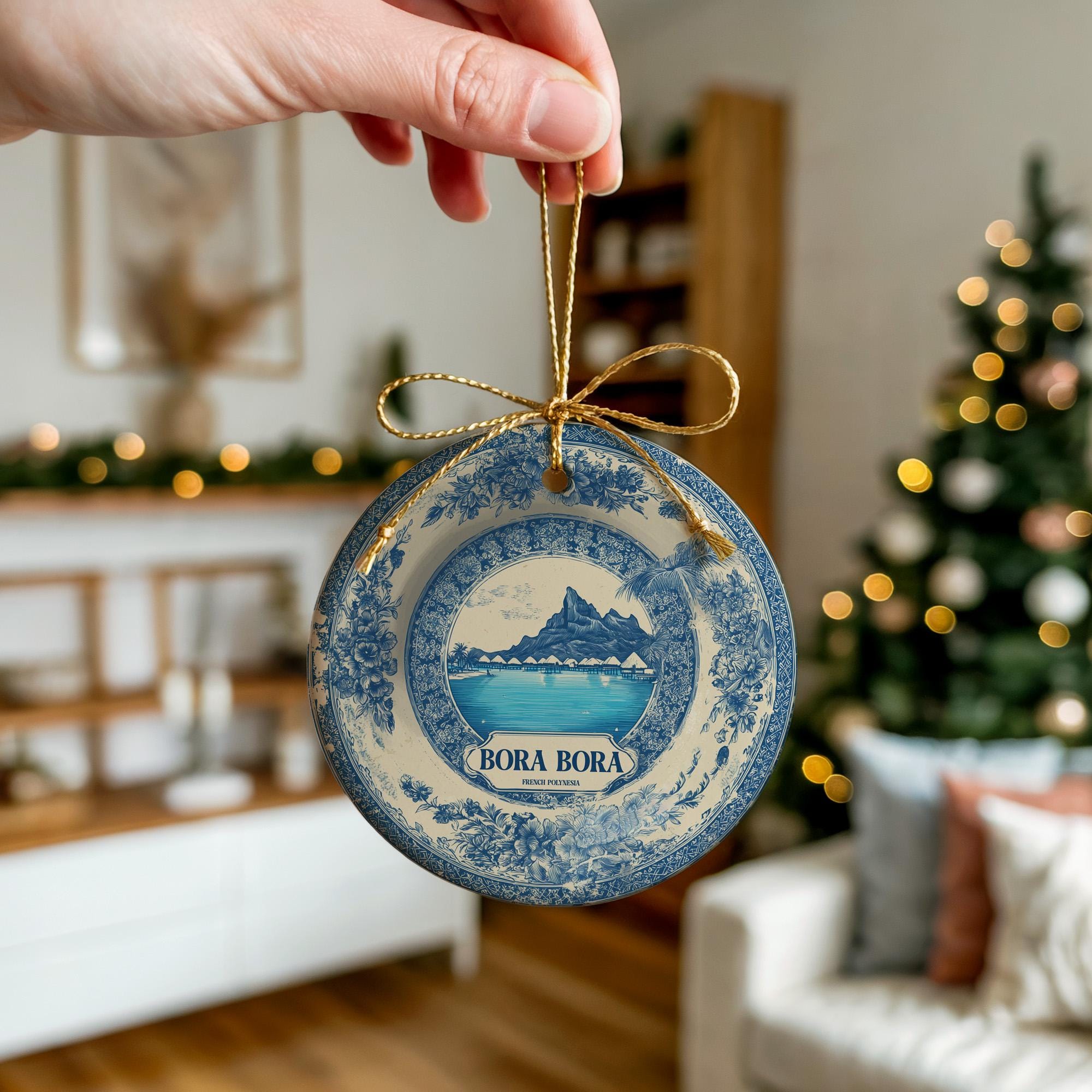 Custom Bora Bora Delftware Ceramic Ornament: French Polynesia Travel Keepsake - CuteBeePix