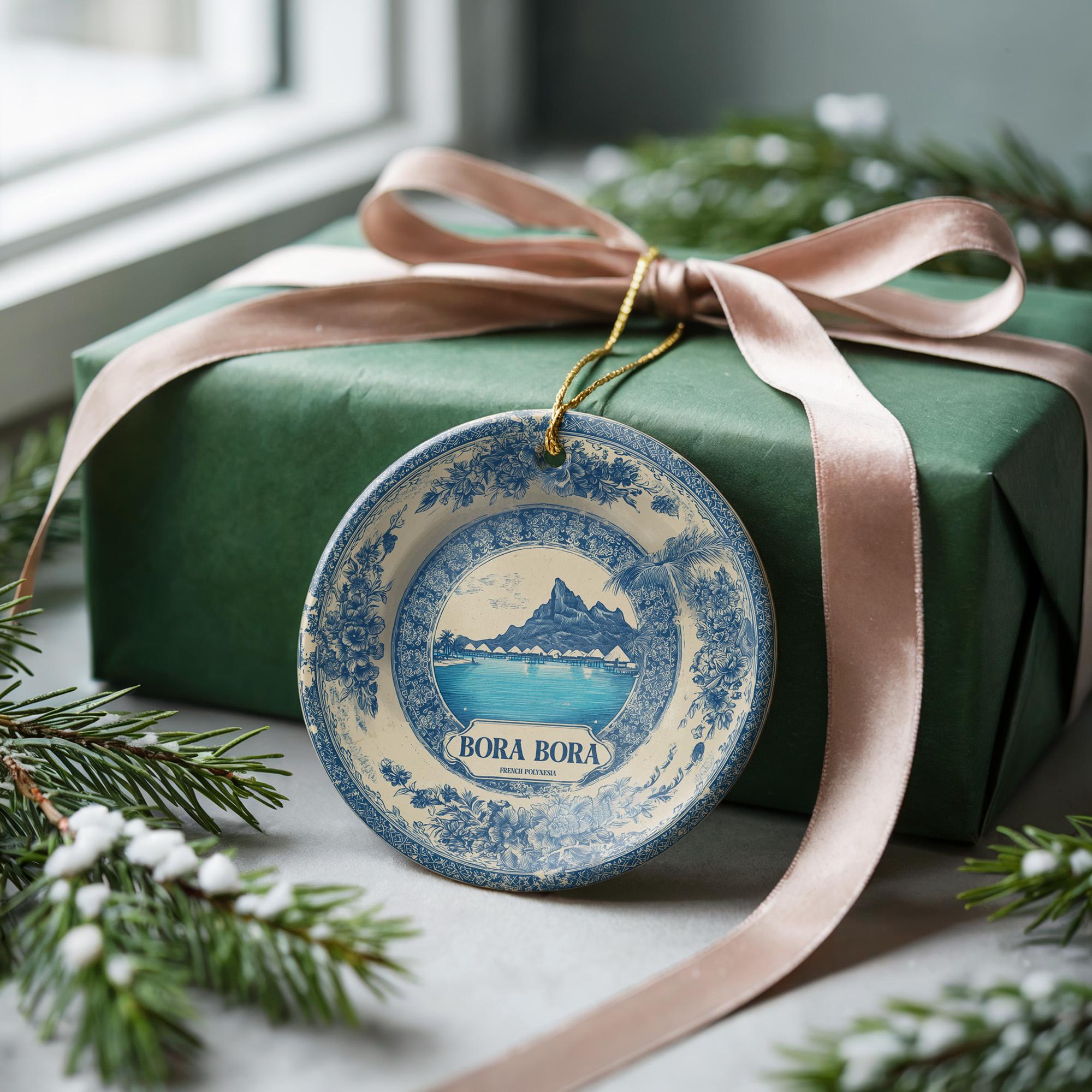 Custom Bora Bora Delftware Ceramic Ornament: French Polynesia Travel Keepsake - CuteBeePix