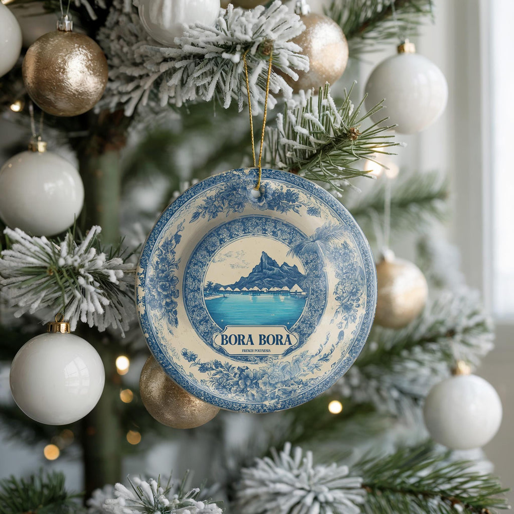 Custom Bora Bora Delftware Ceramic Ornament: French Polynesia Travel Keepsake - CuteBeePix