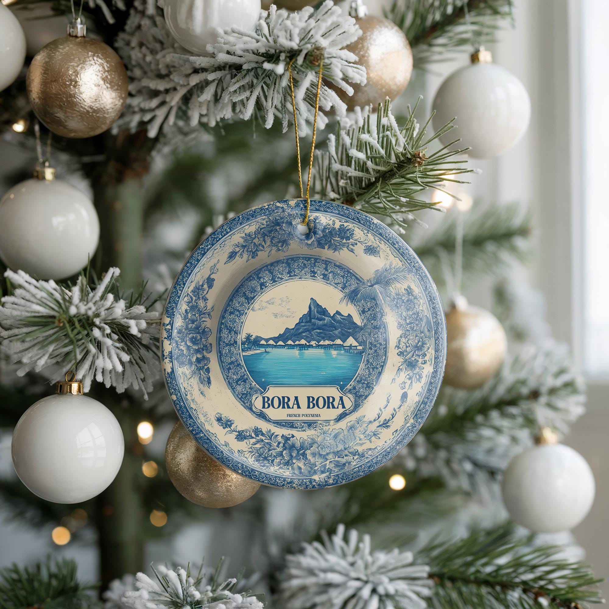 Custom Bora Bora Delftware Ceramic Ornament: French Polynesia Travel Keepsake - CuteBeePix