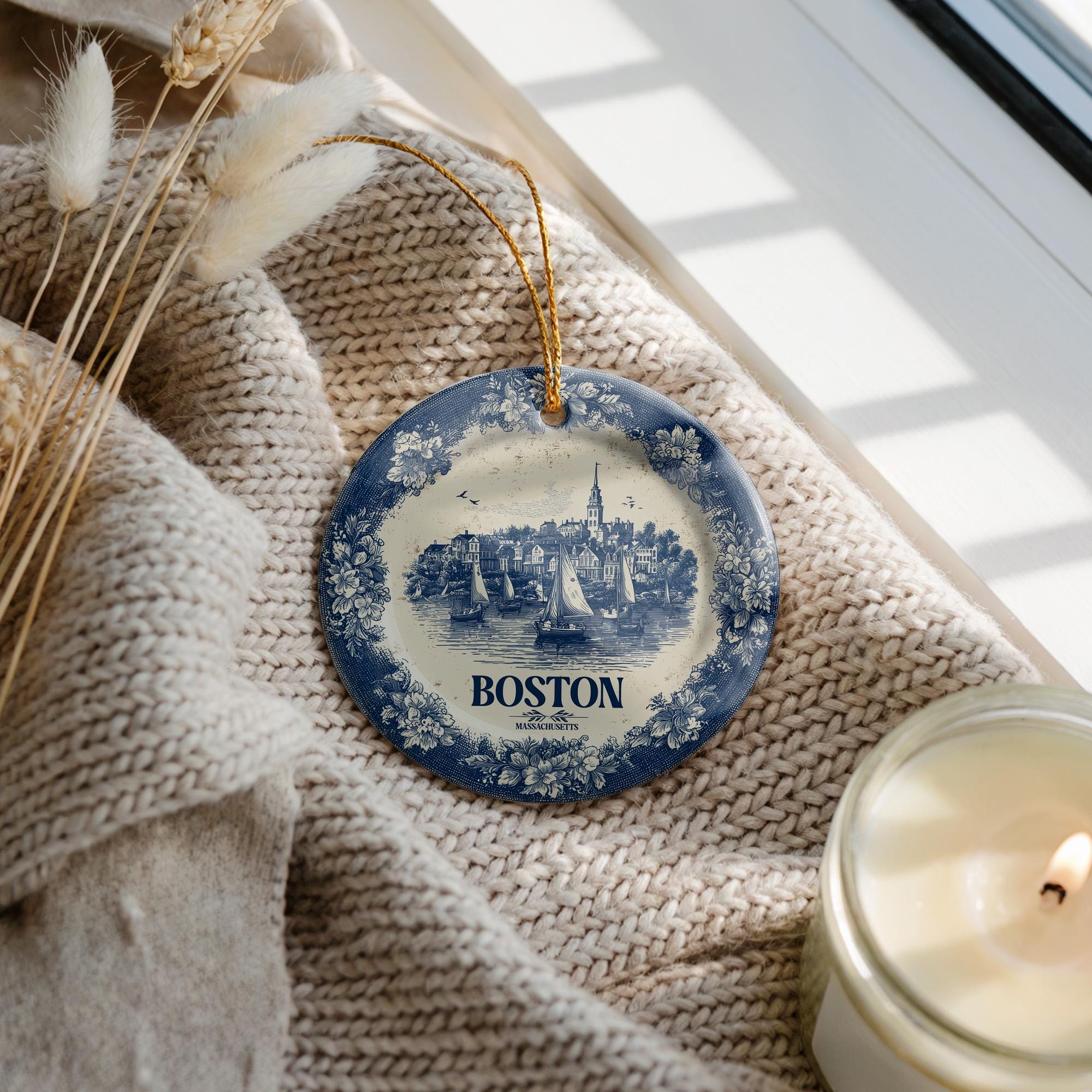 Custom Boston Massachusetts Ceramic Delft Ornament, Christmas Delftware Blue Delftware city travel - CuteBeePix