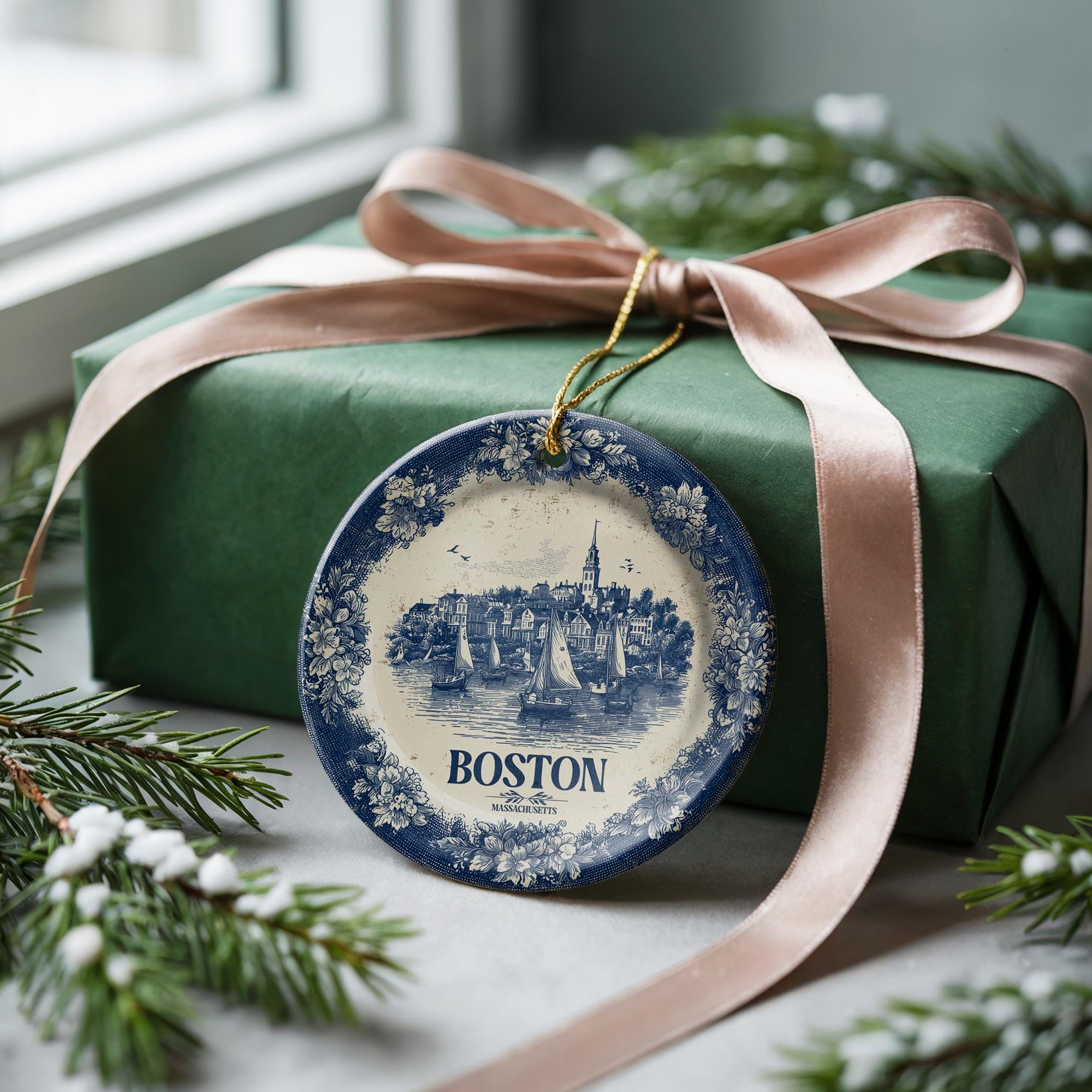 Custom Boston Massachusetts Ceramic Delft Ornament, Christmas Delftware Blue Delftware city travel - CuteBeePix