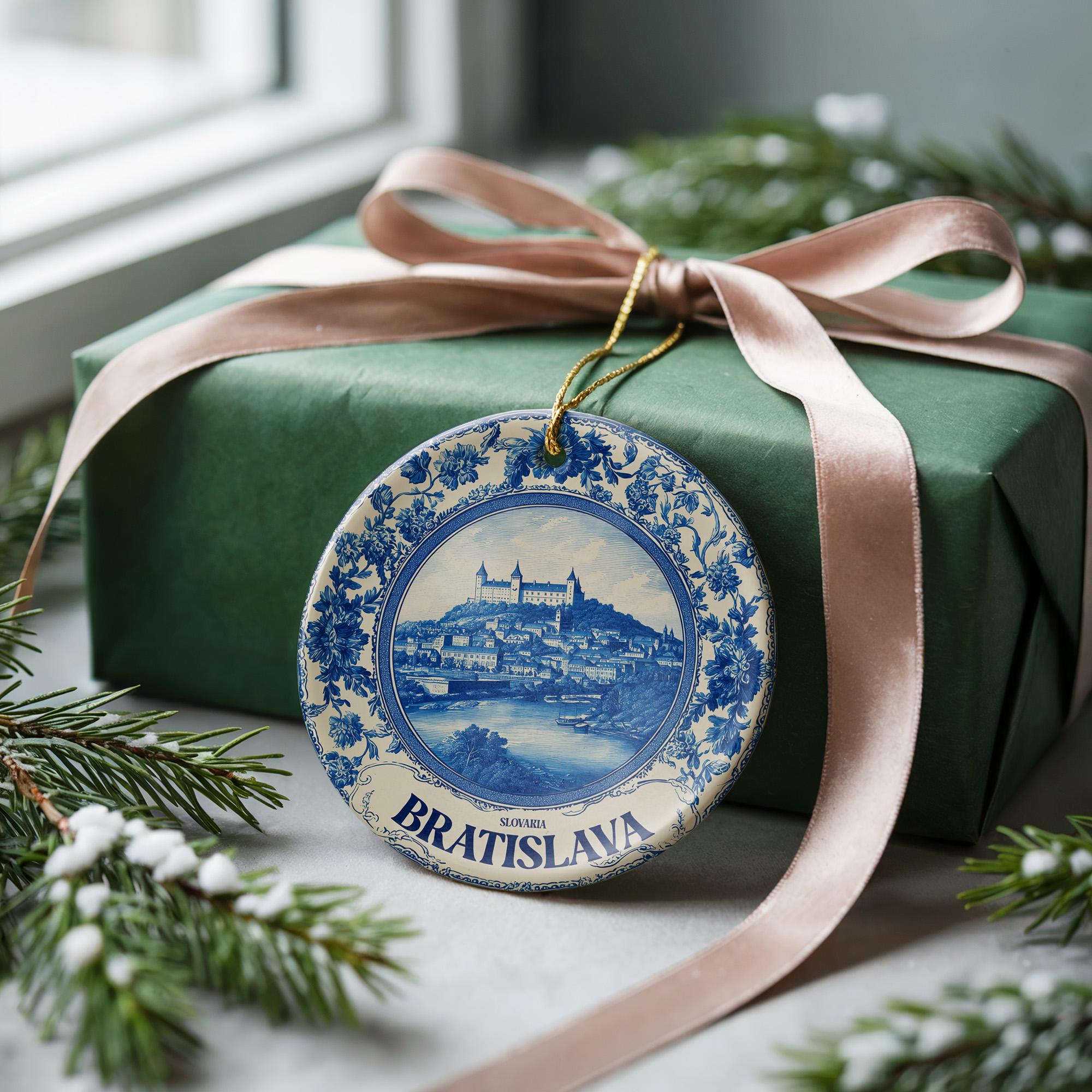 Custom Bratislava Slovakia Ceramic Delft Ornament, Christmas Delftware Blue Delftware city travel - CuteBeePix