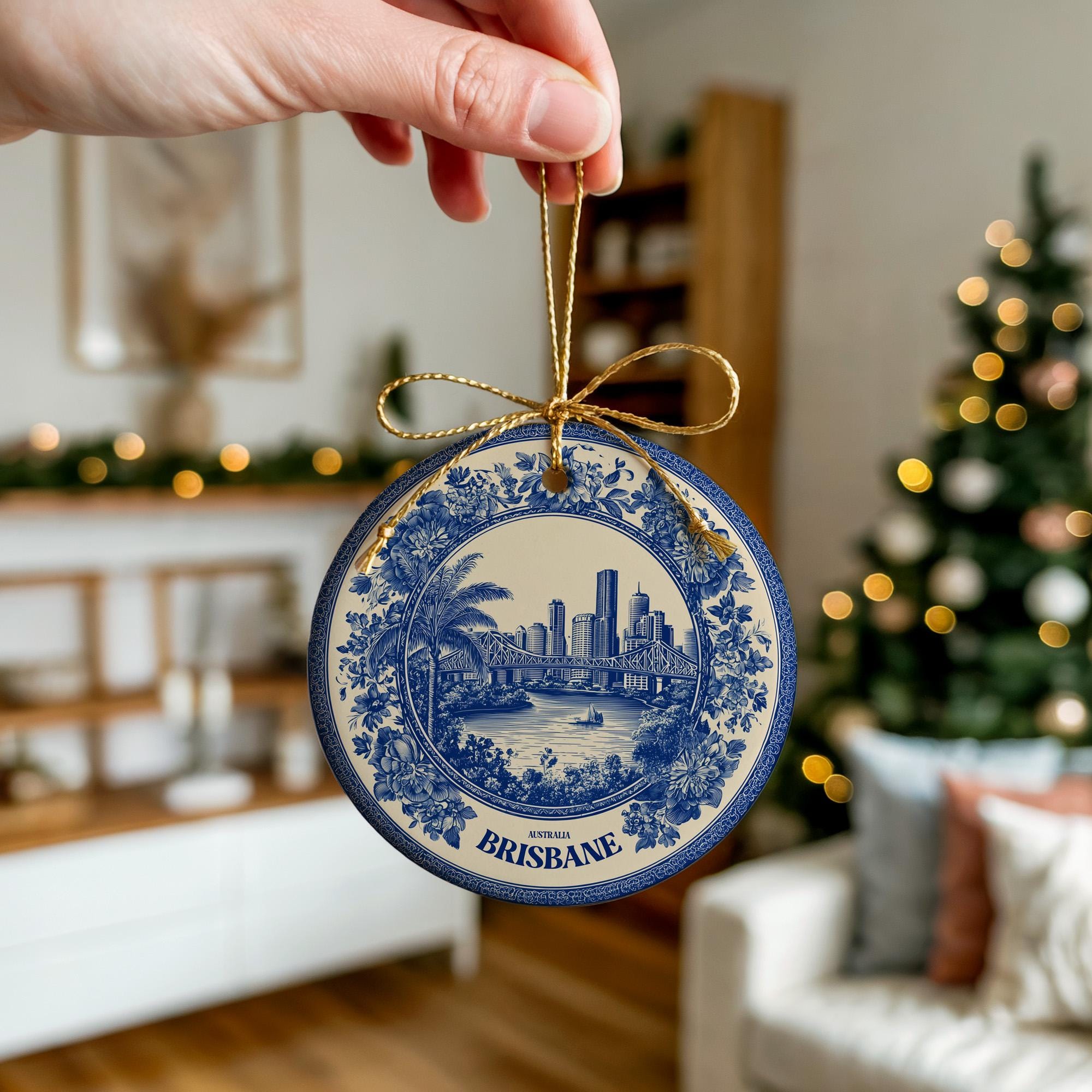Custom Brisbane Australia Ceramic Delft Ornament, Christmas Delftware Blue Delftware city travel - CuteBeePix